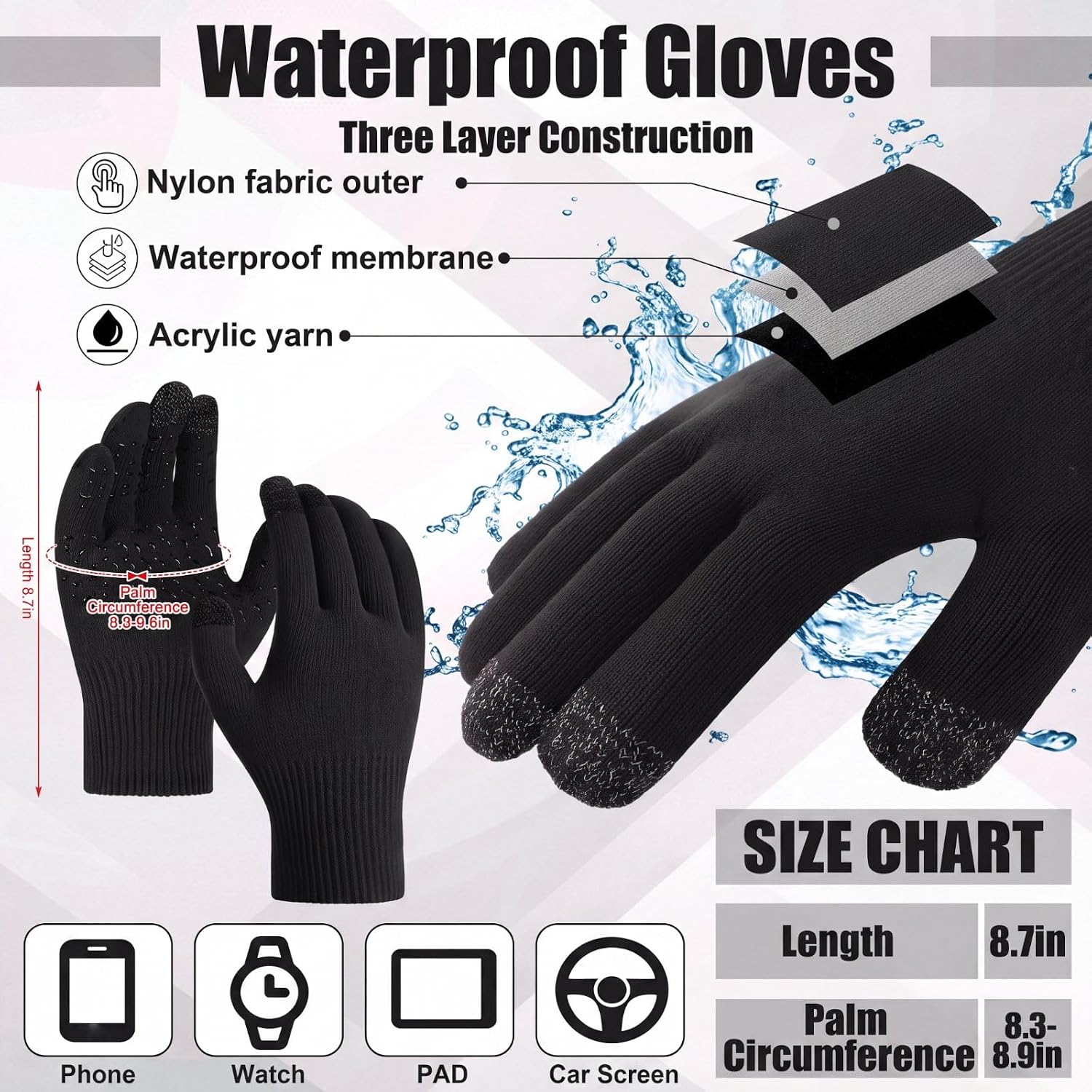 Eurzom 2 Pcs Winter Thermal Waterproof Beanie Hat and Gloves Set for Adults - 3 Layer Knitted Non Slip Touchscreen Gloves and Hat for Men Women Running Hiking Hunting Outdoor Cold Weather Supplies image 3
