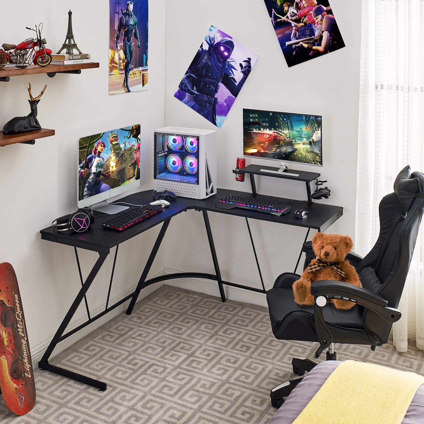 L Shaped Gaming Desk, Textured Carbon Fiber Computer Corner Game Desk, Home Office Writing