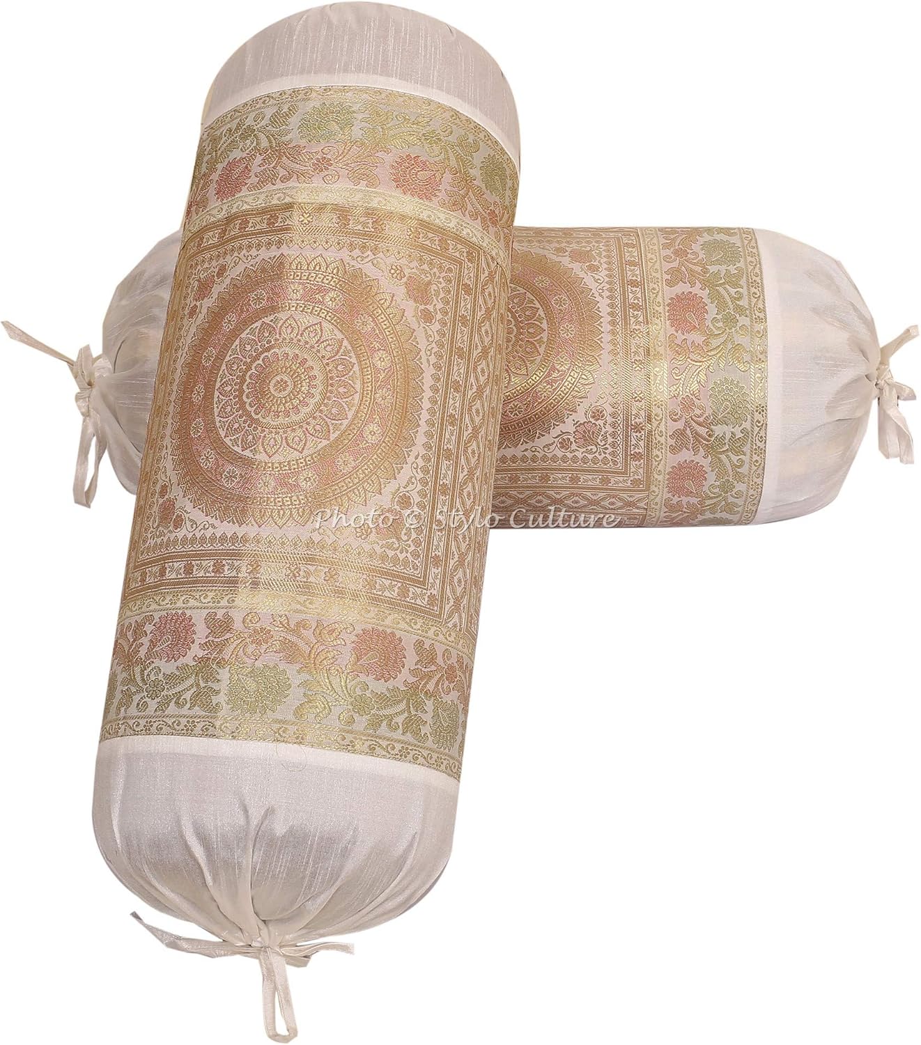 Traditional Polydupion Cylindrical Tube Pillow Bolster Pillow Covers White Mandala Jacquard Brocade Border Large Couch Round Cylinder Cushion Covers (Set of 2) | 30x15 Inches (76x38 cm)