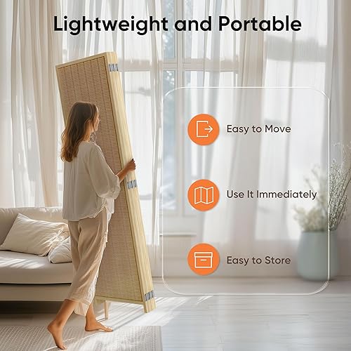 Miniatura 5 de JOSTYLE Divisor de habitación, pantalla de privacidad plegable, pantalla divisora de habitación de 6 paneles, panel divisor de bambú de 6 pies de