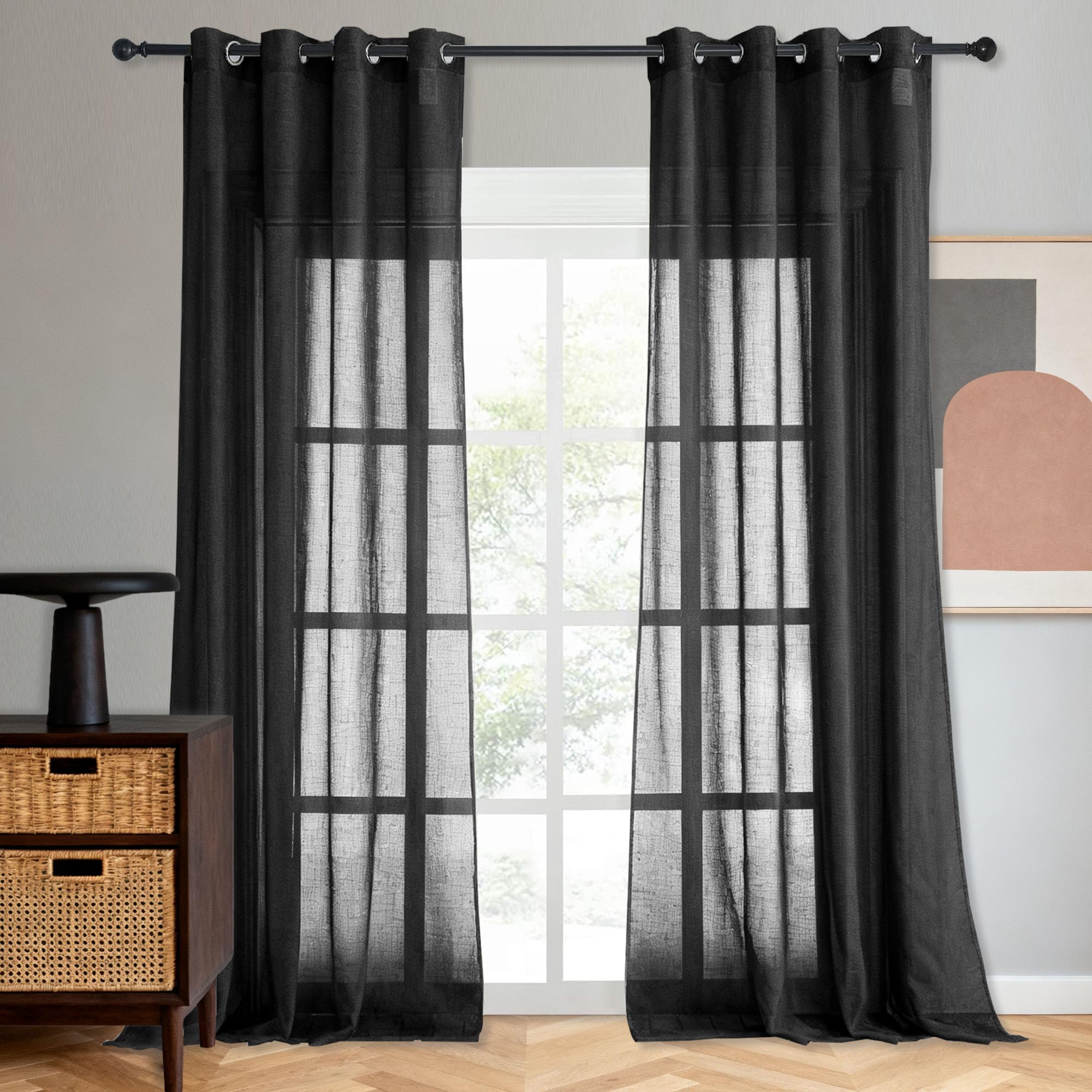 Rideau voilage 200 x 255 cm noir pour fenêtre de salon et cuisine
