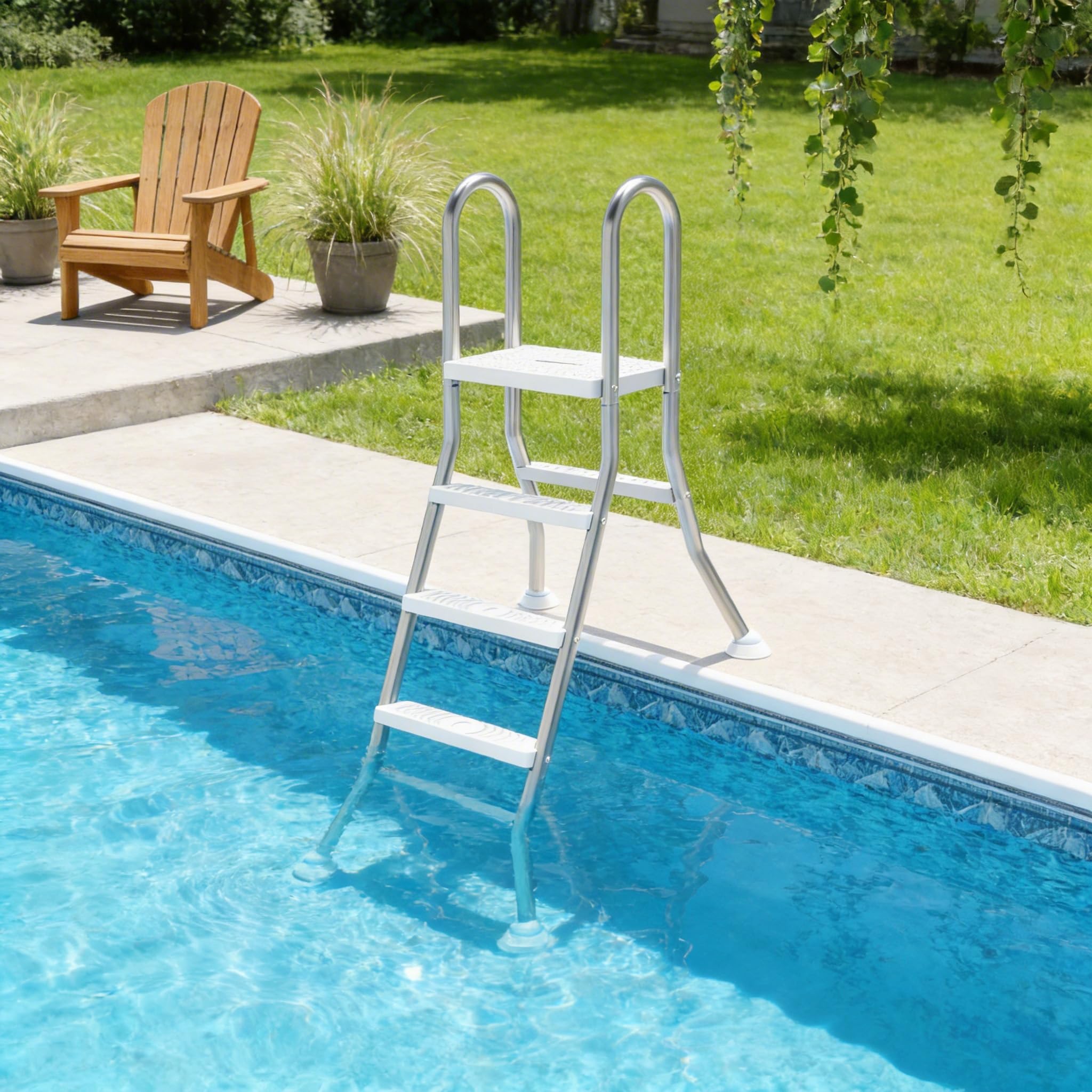 Poolleiter 3 Stufen aus 304 Edelstahl, rutschfeste Schwimmbadtreppe, Mobile Einstiegshilfe für Teilversenkte Pools bis 115 cm Beckentiefe