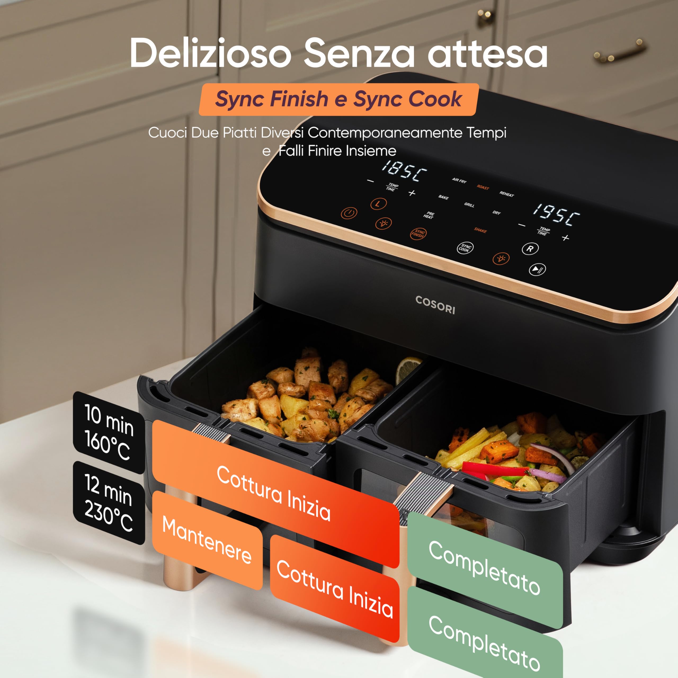 COSORI Friggitrice ad Aria Doppio Cestello, 8,5 Litri Grande Capacità del Air Fryer, Funzione 8 in 1, 35-230°C, Veloce ed Efficiente, Finestra, CAF-R903, Oro
