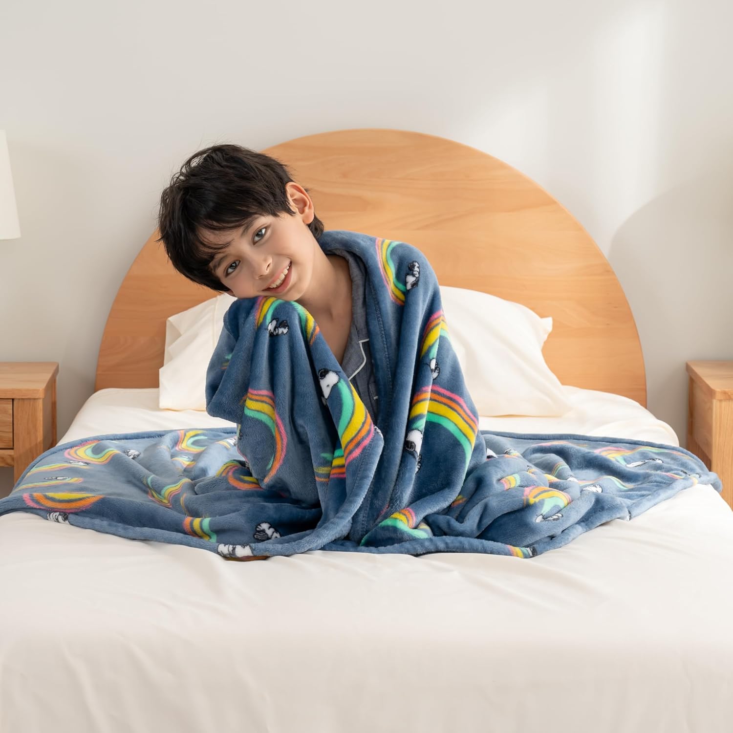 Berkshire Blanket Peanuts® VelvetLoft® Cute Character Snoopy Plush Oversized Kids Throw Blanket, Peanuts Snoopy Rainbow No Dot Dusty Navy (50in x 60in) - Image 4
