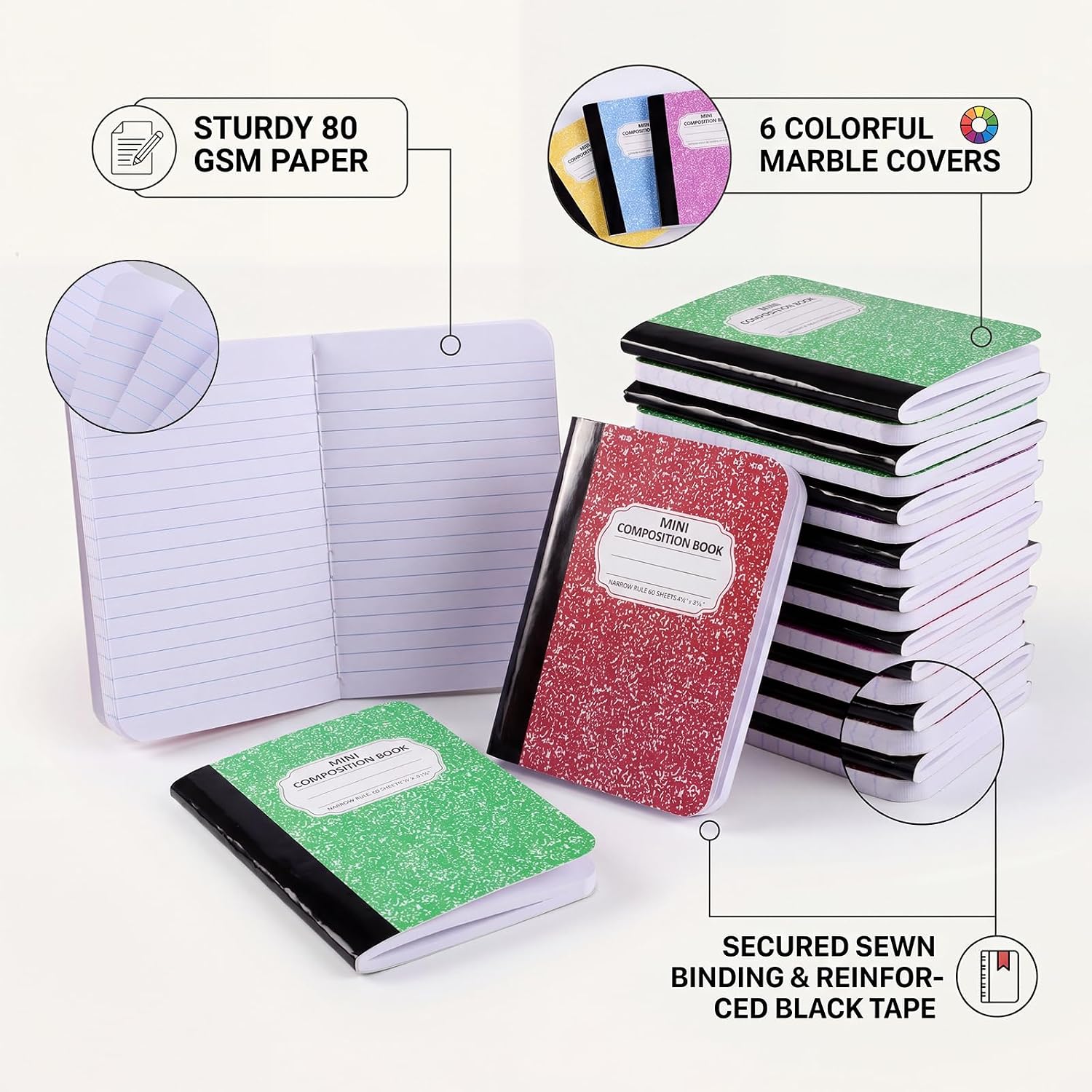  24 Pcs Mini Composition Notebook Bulk, Small Pocket Notebook | 4.5 x 3.25'' Pocket Size Notebooks For Back to School Gifts, Homework and Office Use, 6 Marble Designs thumbnail