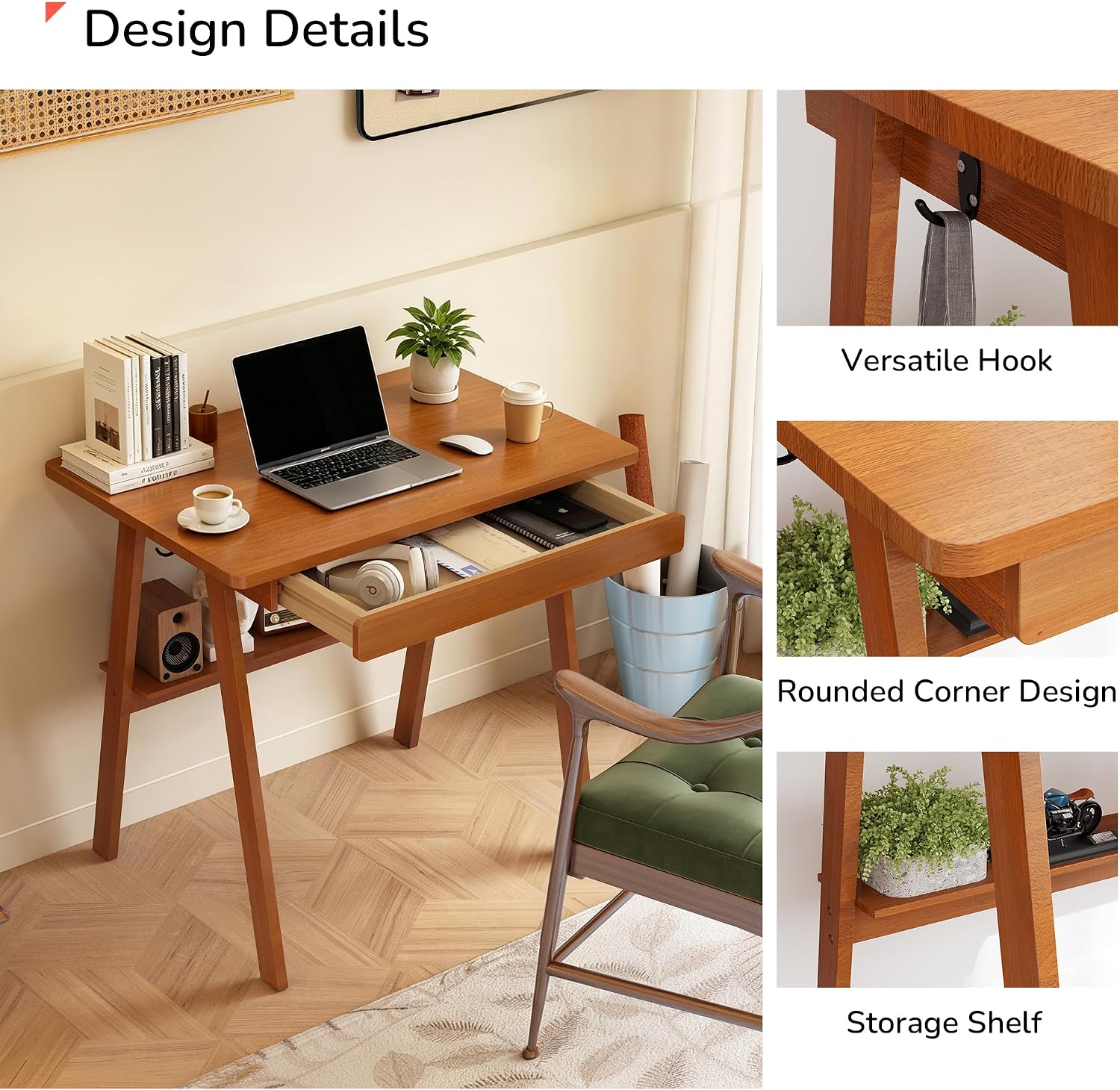 Solid Wood Writing Desk with Drawers - 31.5" Mid Century Modern Desk, Small Computer Home Office Desks for Small Spaces with Storage Shelf, Study Makeup Workstation for Bedroom/Living Room, Walnut