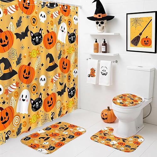 Mocsicka Juego de 4 cortinas de ducha de Halloween para baño, juego de baño de calabaza y fantasma de dibujos animados con alfombras