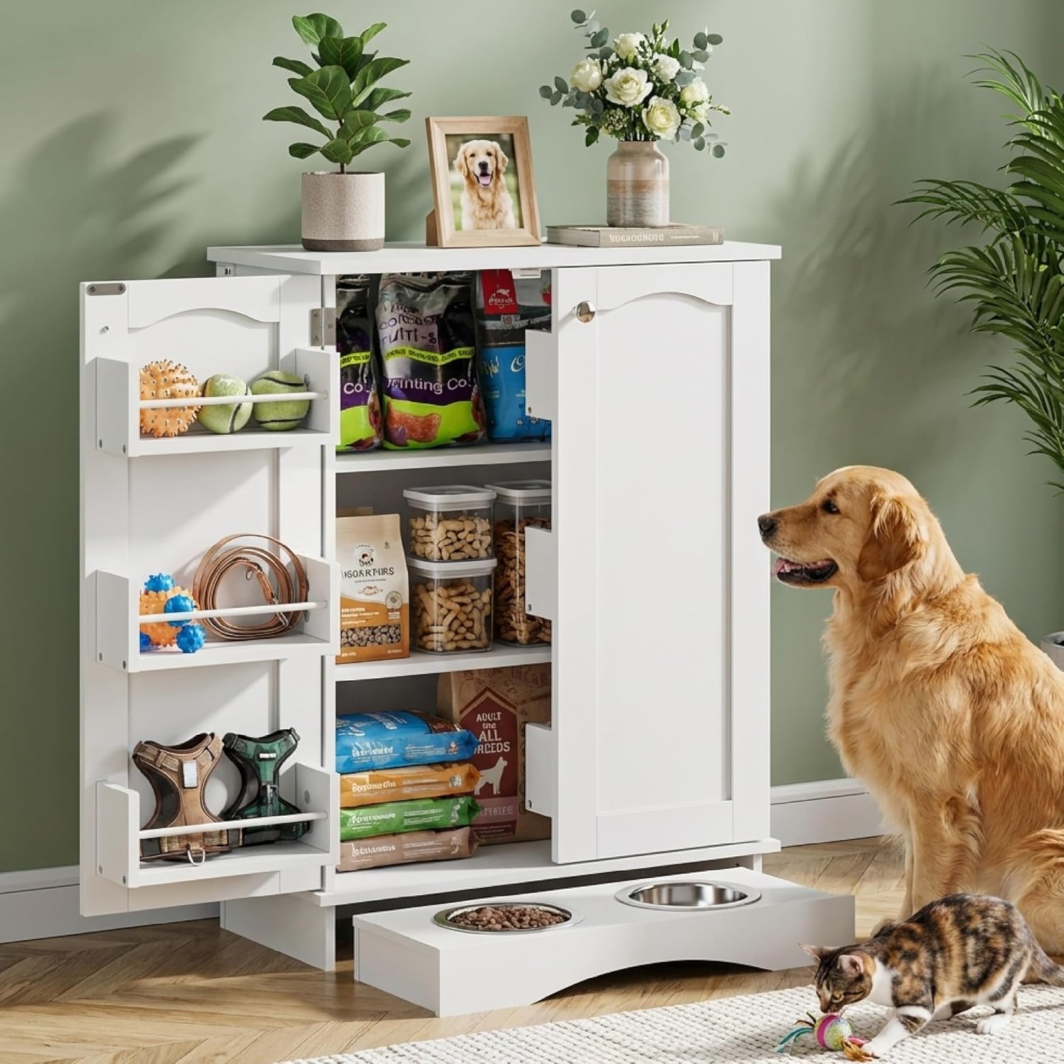 Hometis 23.5"(w) Dog Feeding Station with Storage, Dual Door Hung Storage, Hidden Feeding Bowls,(Off White)