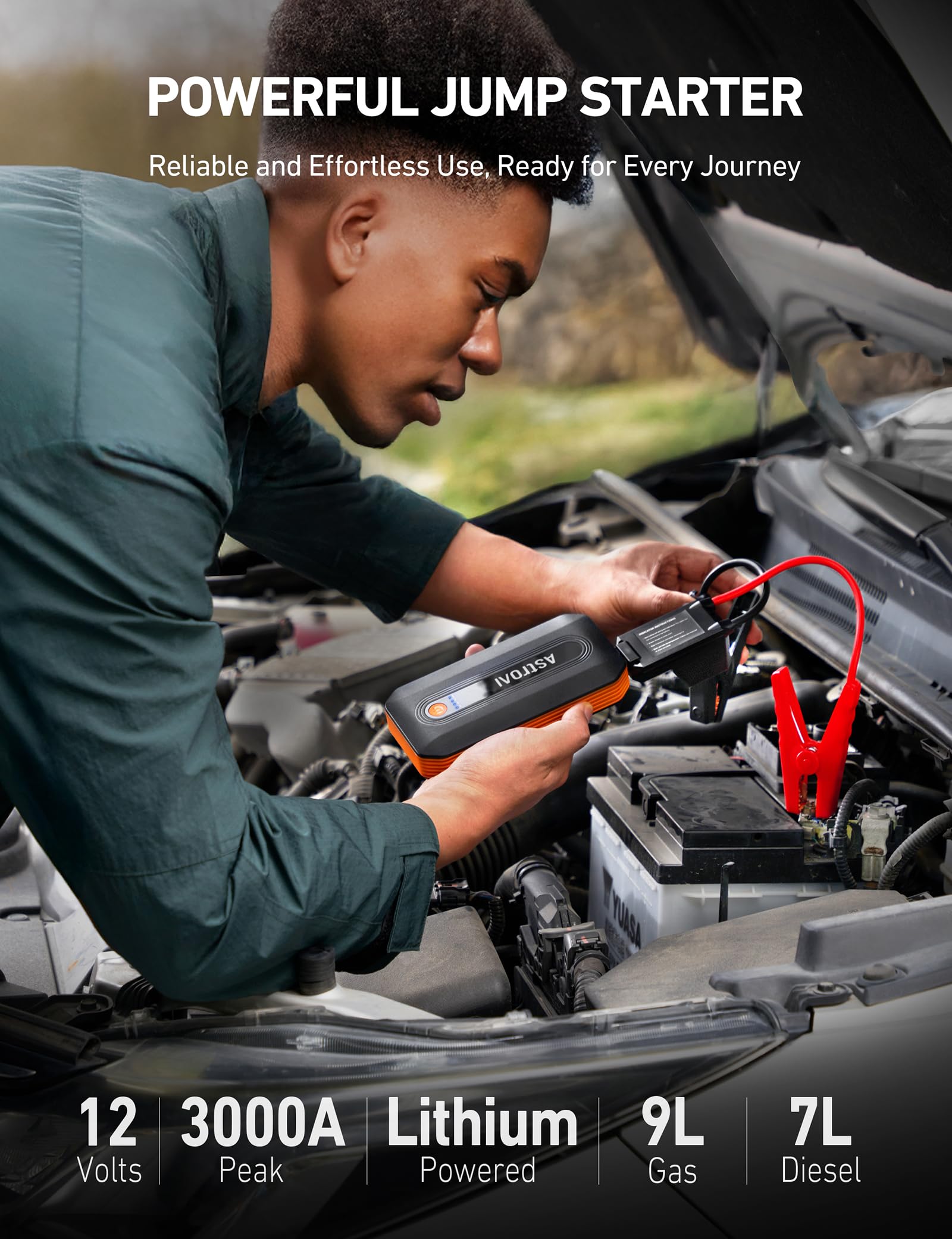 AstroAI Booster Pack Jump Starter, Car Battery Booster Jump Starter for Up to 9.0L Gas or 7.0L Diesel Engine, with 3 Modes Flashlight, Jumper Cable for 12V Motorcycle Car and SUV, B8 3000A Orange - 2