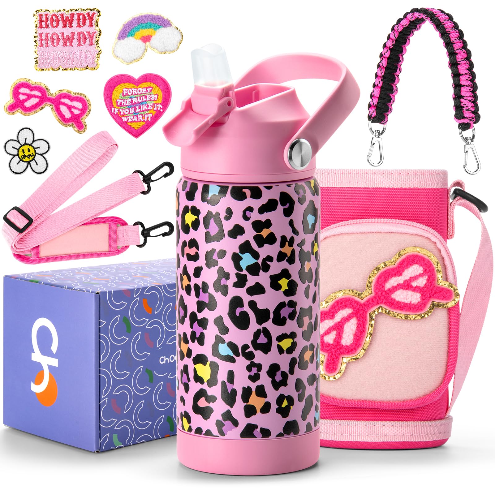 Choco Mocha Kids Water Bottle For School, Kids Insulated Water Bottle Stainless Steel, Girls Water Bottle 14Oz Gift, Pink Leopard