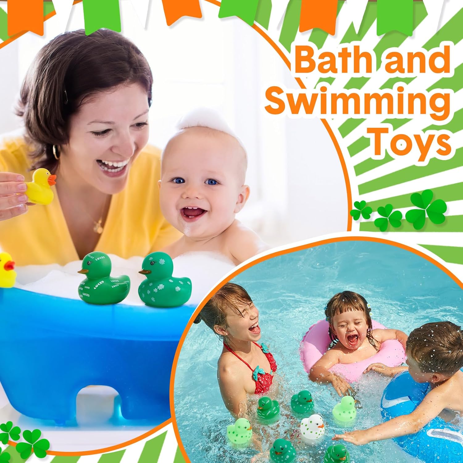 24 Pcs 2 inch St. Patrick's Day Rubber Ducks Bulk Green Shamrock Rubber Duckies Mini Rubber Ducks Novelty Rubber Duckies for Irish St. Patrick's Day Decor Party Favor Goodies Bag