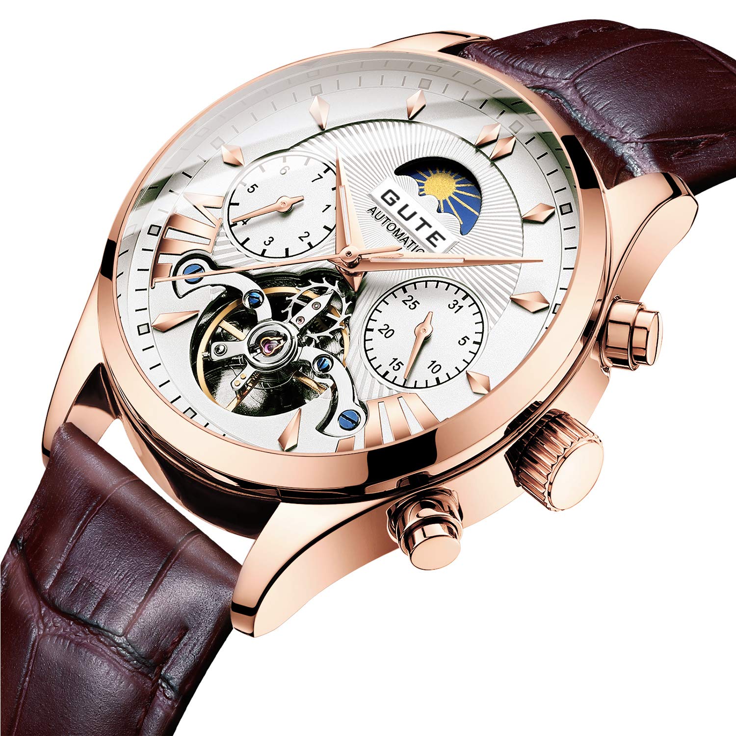 Gute Herren Uhren Mechanical Wrist Watch,wasserdichte Chronograph Männer Business Military Sport Armbanduhr mit Leder Armband,Elegant Geschenk für männer a