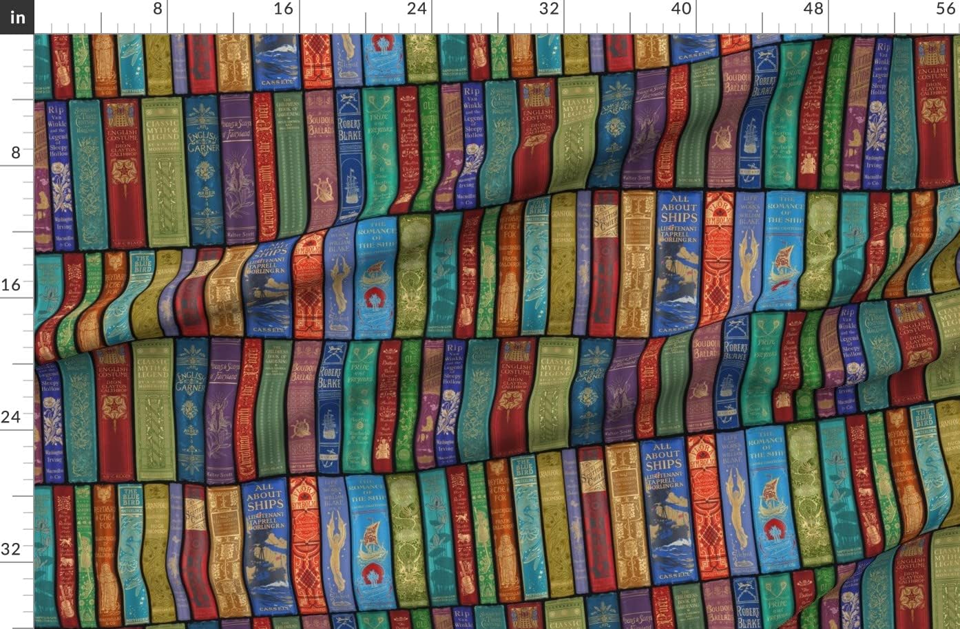 Spoonflower Fabric - Library Bright Books Shelves Antique Vintage English Rainbow Printed on Organic Cotton Sateen Fabric by The Yard - Sewing Quilting Apparel Home Decor