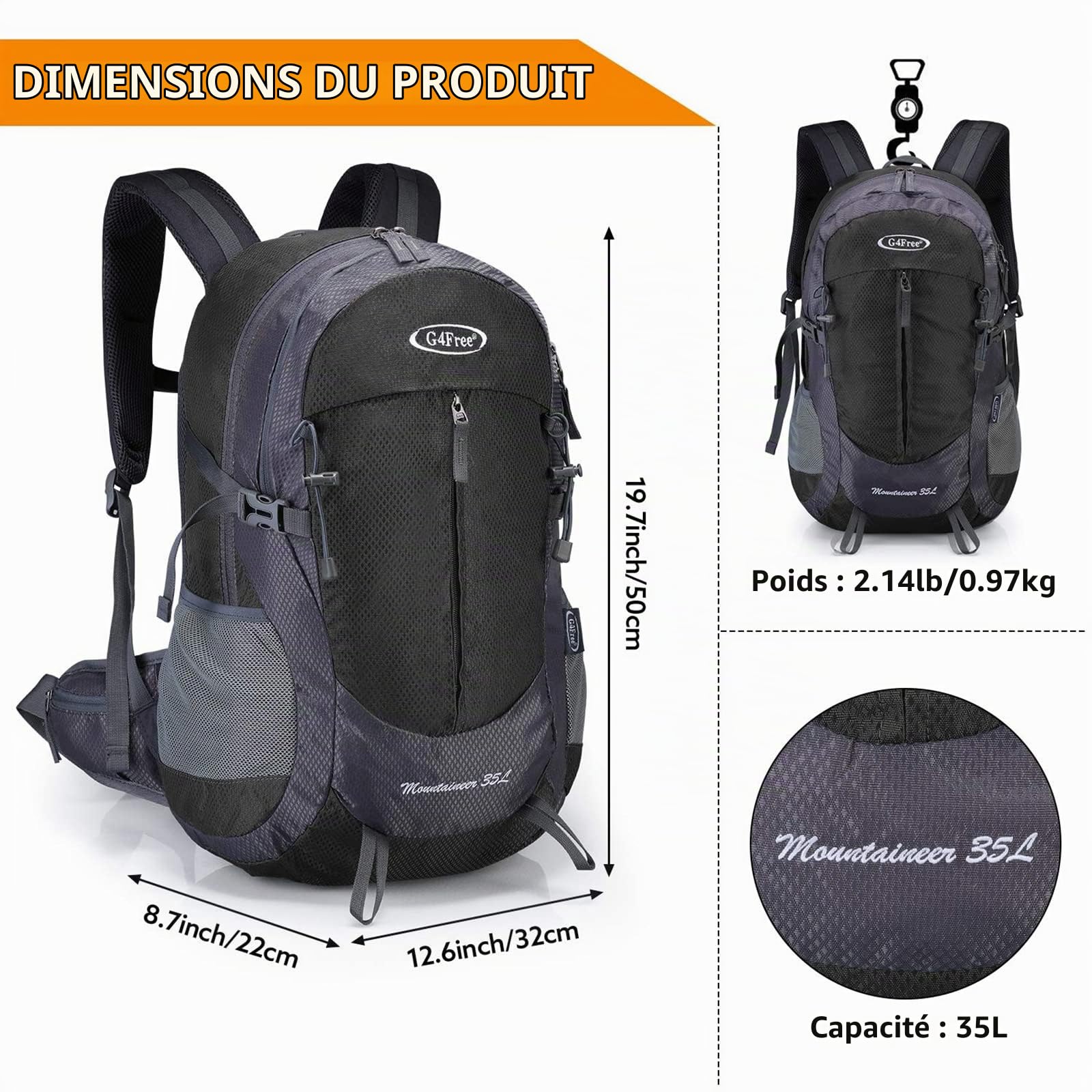 G4Free Sac à dos de randonnée étanche de 35 L pour camping, randonnée, escalade avec housse de pluie