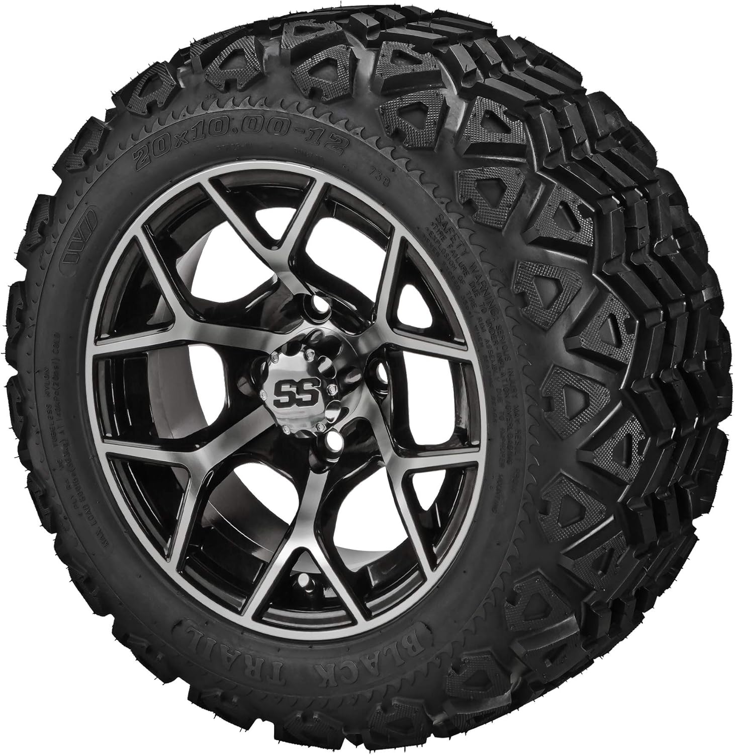 RM Cart 12" Ninja Matte Black on 20x10-12 Black Trail Tires (Set of 4) | Golf Cart Tires and Wheels Combo with Metric Lug Nuts