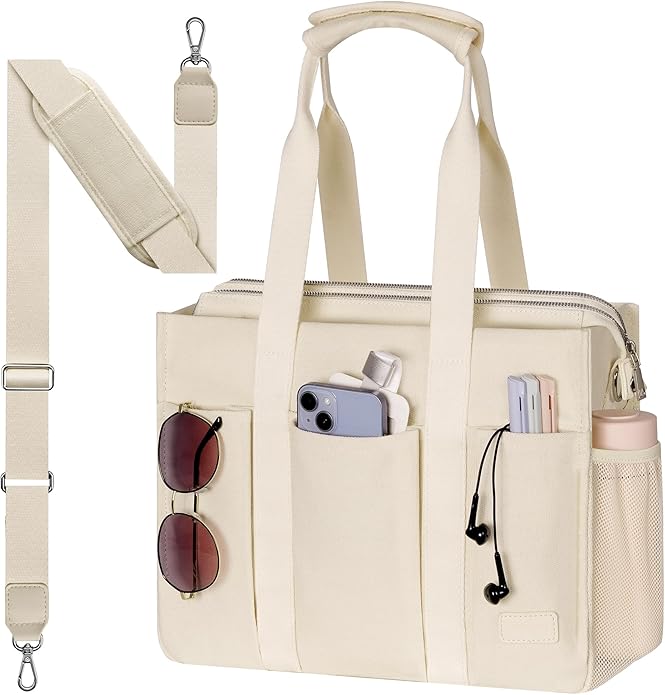 Canvas Tote Bag for Women, Large Shoulder Bag with Laptop Compartment & Zipper, Ideal for Work Travel College Teacher