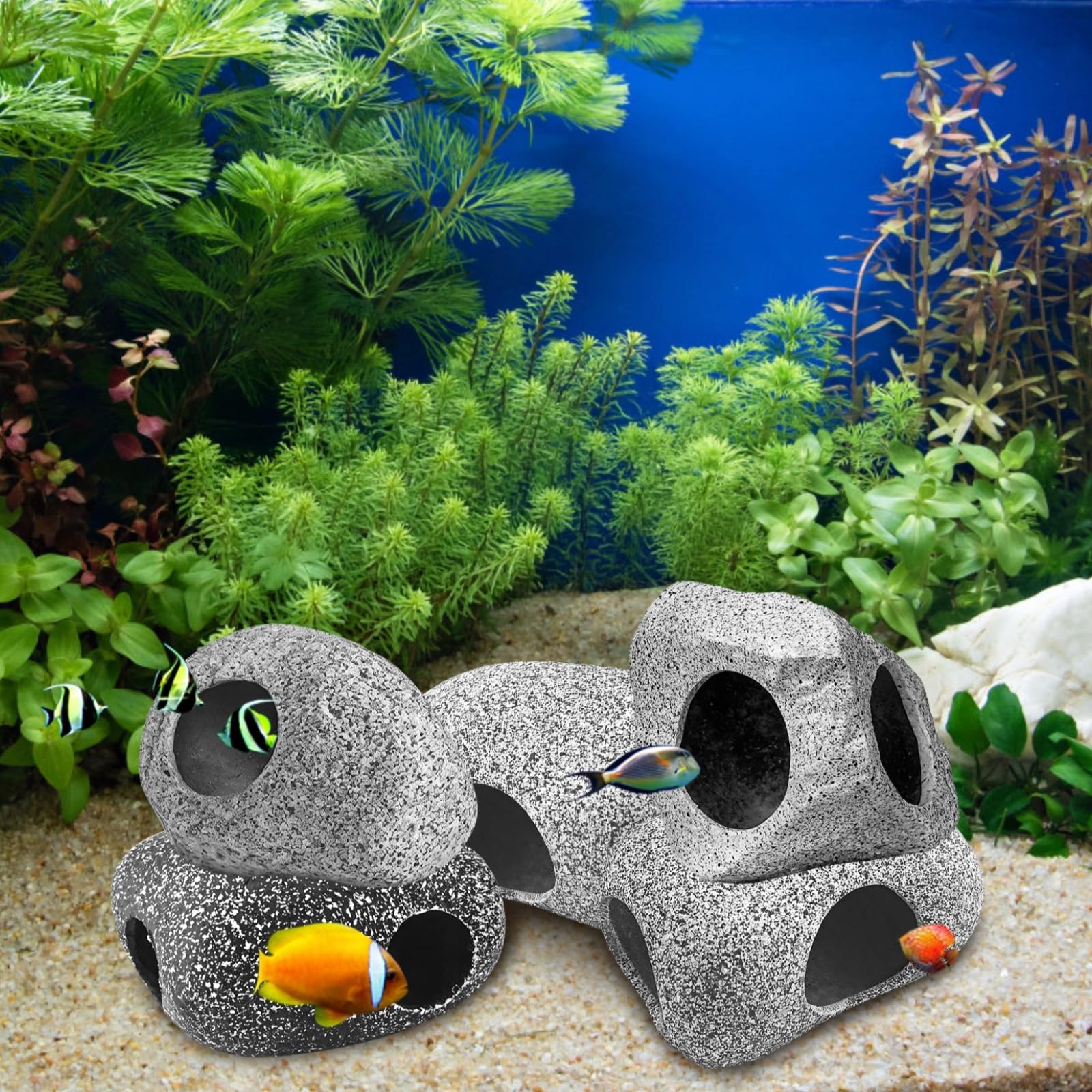 8 Stück Aquarium Keramik Felsen Höhle Set, Natürliche Dekoration für Aquarien, Sicher Und Glatt, Bietet Mehrere Verstecke