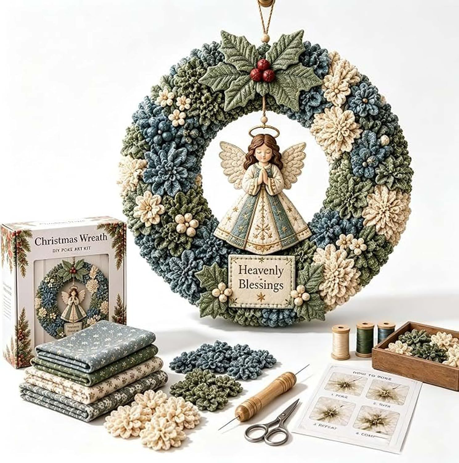 3D Fabric Poke Wreath DIY Kit Christmas Wreath Making Kit for Adults, Make Your Own Fabric Christmas Wreath, Beginner-Friendly Holiday Wreath Making Kit & Door Decoration，#B