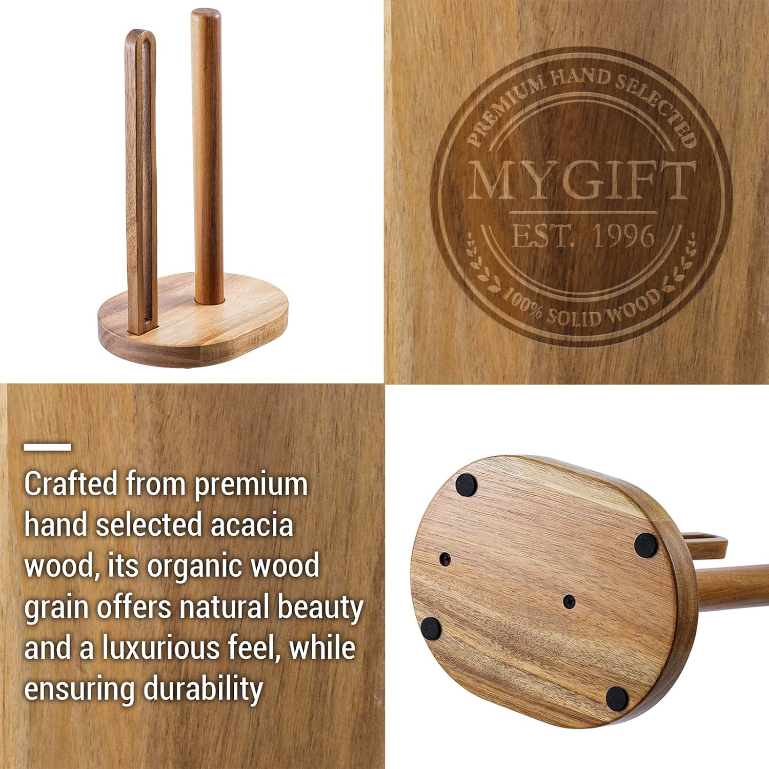 MyGift Premium Acacia Solid Wood Countertop Paper Towel Roll Stand with Easy-Tear Dispenser, Wooden Farmhouse Table Standing Holder for Disposable Kitchen Towels