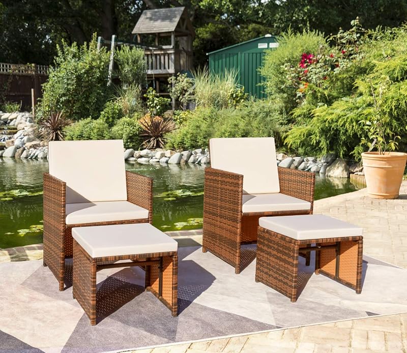 Juego de 4 piezas de muebles de mimbre para patio Sillas de patio al aire libre con otomanos Sillas acolchadas para todo clima Muebles de porche para balcón (beige)