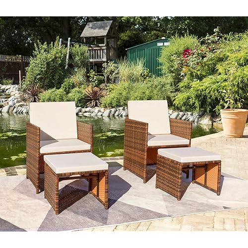 Devoko 4 Pieces Patio Wicker Furniture Set Outdoor Patio Chairs with Ottomans All Weather Cushioned Chairs Balcony Porch Furniture (Beige)