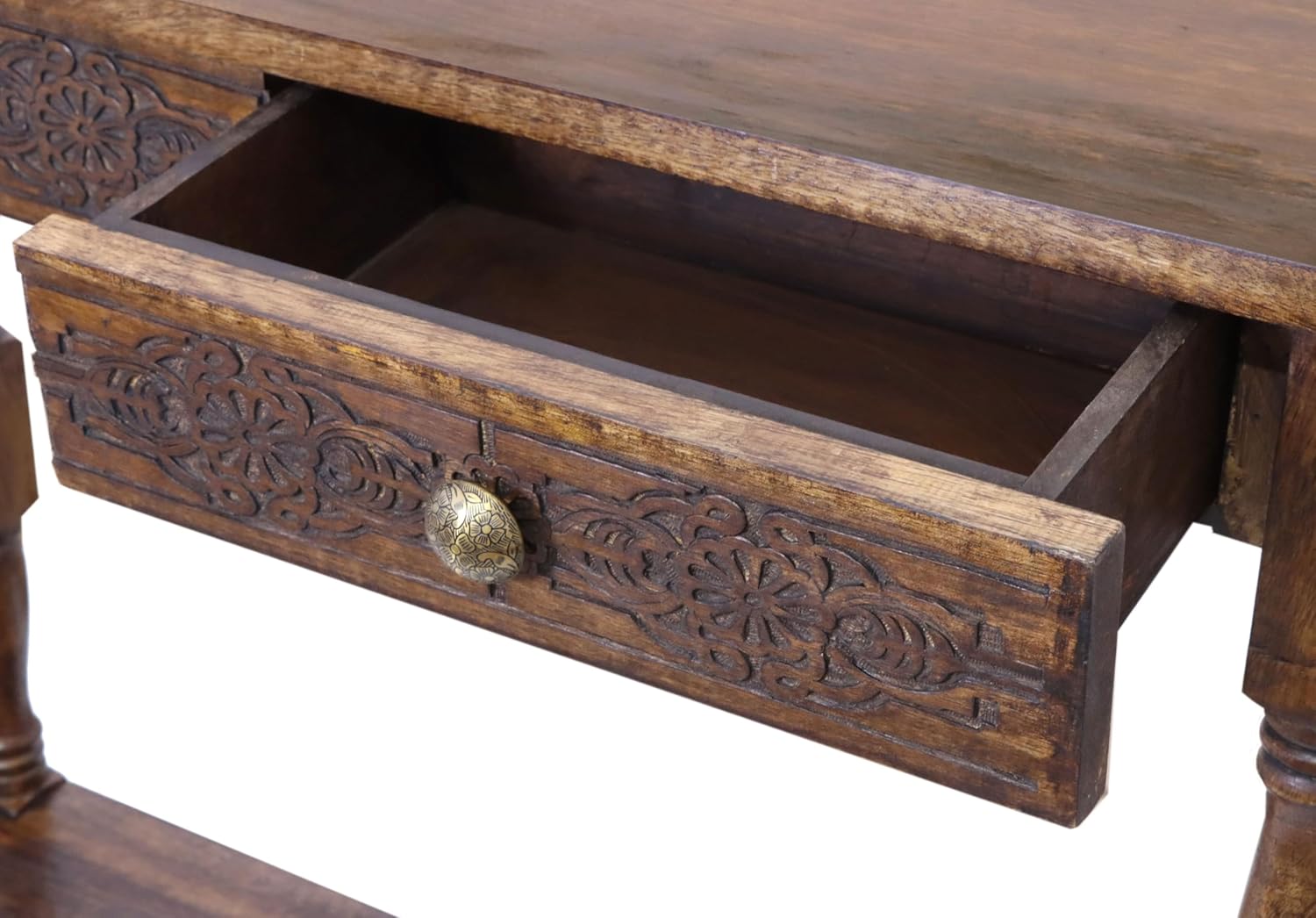 COTTON CRAFT Solid Wood Accent Console Table - Hand Carved Sofa Table - Hallway Entryway Two Drawers Small Space Transitional Traditional Farmhouse Easy Assembly - 36 W x 32 H x 11 D - Antique Brown