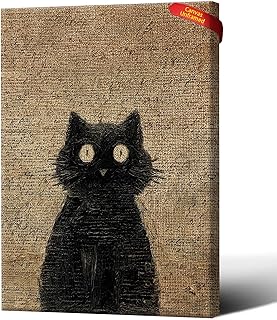 Fun Black Cat On Gold Leaf Painting Canvas Print, Vintage Signed Wall Art, Black Cat On Gold Leaf Wall Decor For Home Living Room 12X18 in Unframed