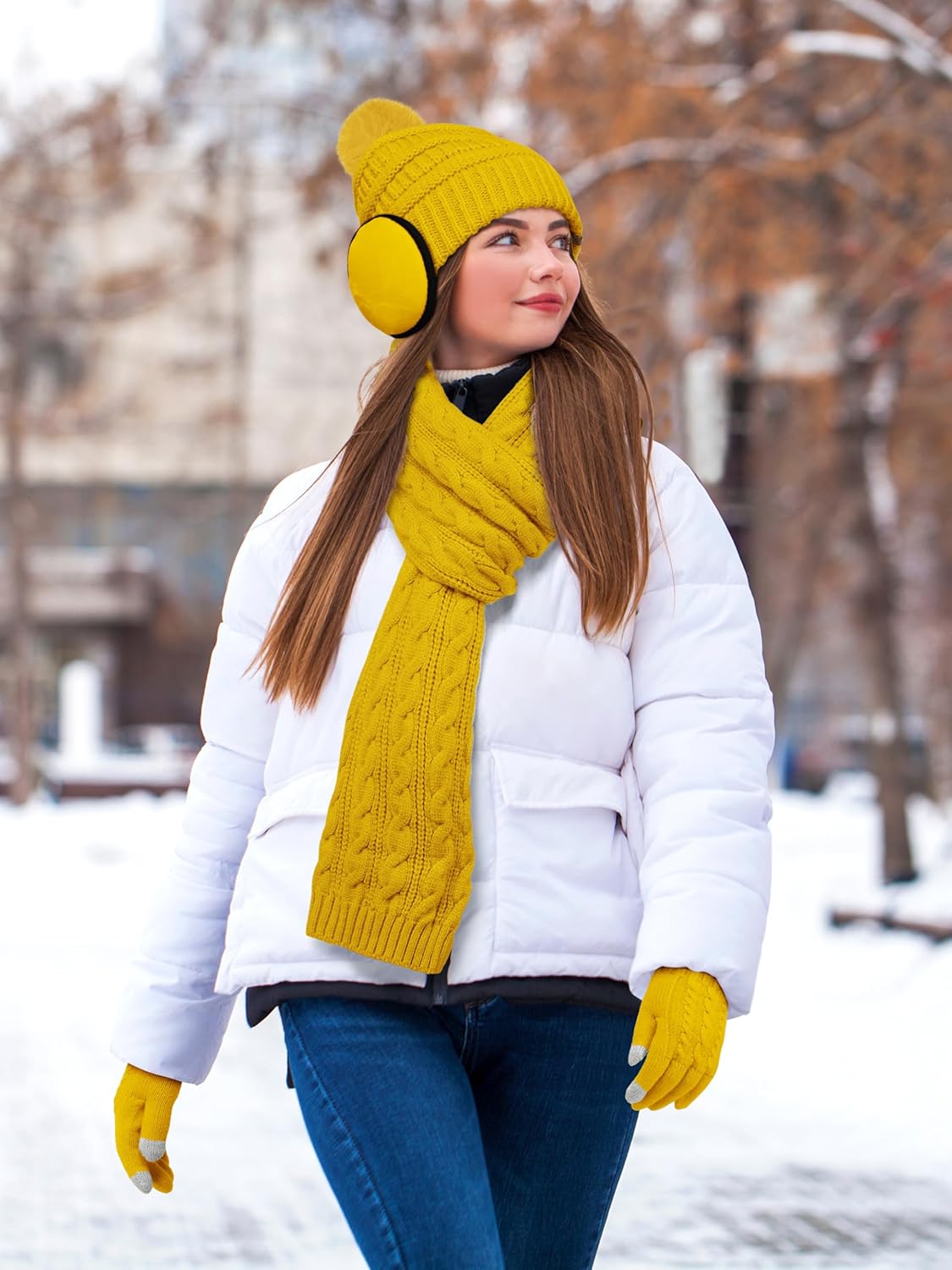 Aneco 4-in-1 Women Winter Beanie Hat Scarf Touchscreen Gloves Ear Warmer Set Fleece Lined Warm Knit Skull Cap with Pom Pom