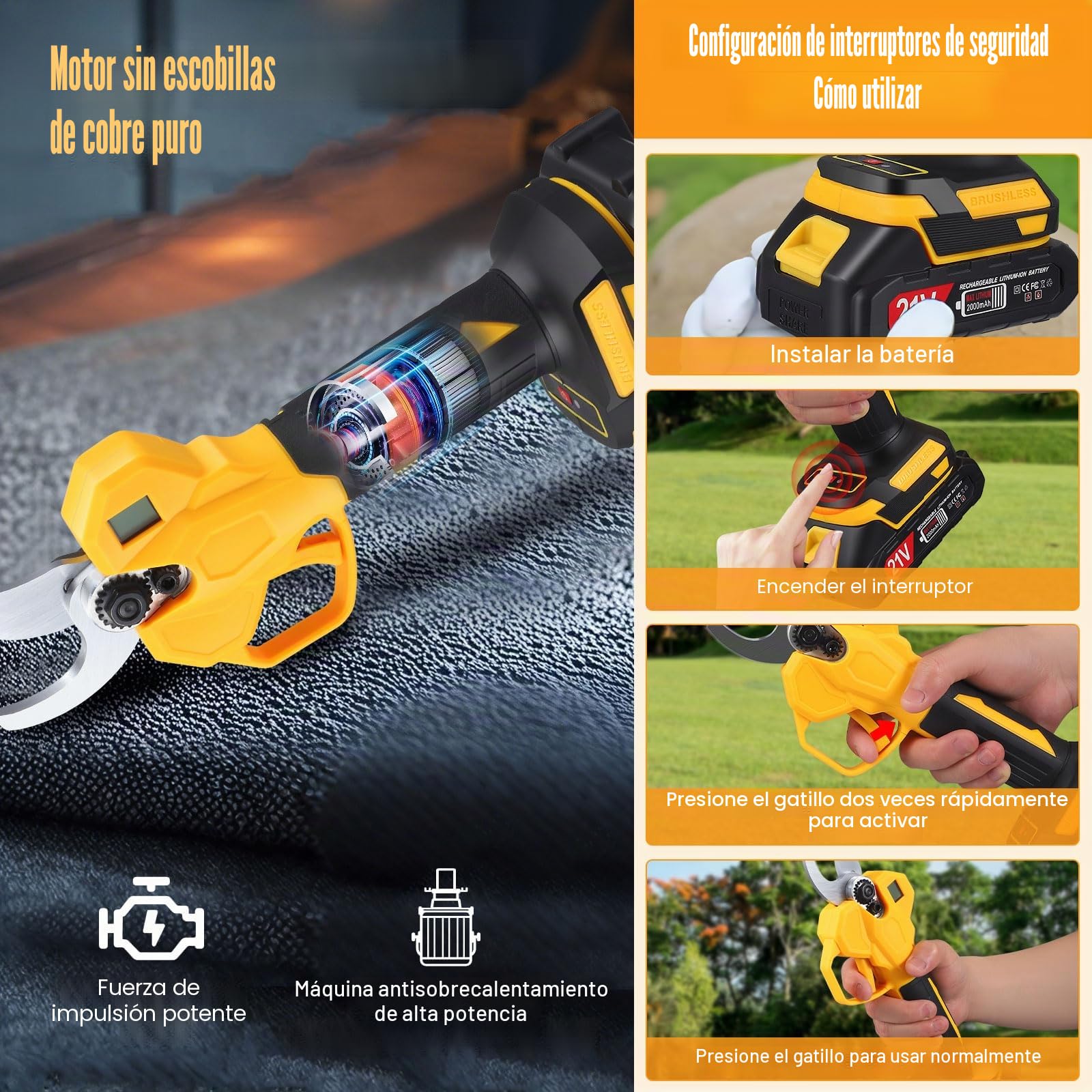 Tijeras de Podar Eléctricas, 30mm Podadora a Batería con 2 x 2000mAh Baterías, Pantalla LCD, Profesional Tijeras de Podar Bateria con Motor Brushless, 6-8H de Autonomía para Ramas,Arbustos,Troncos