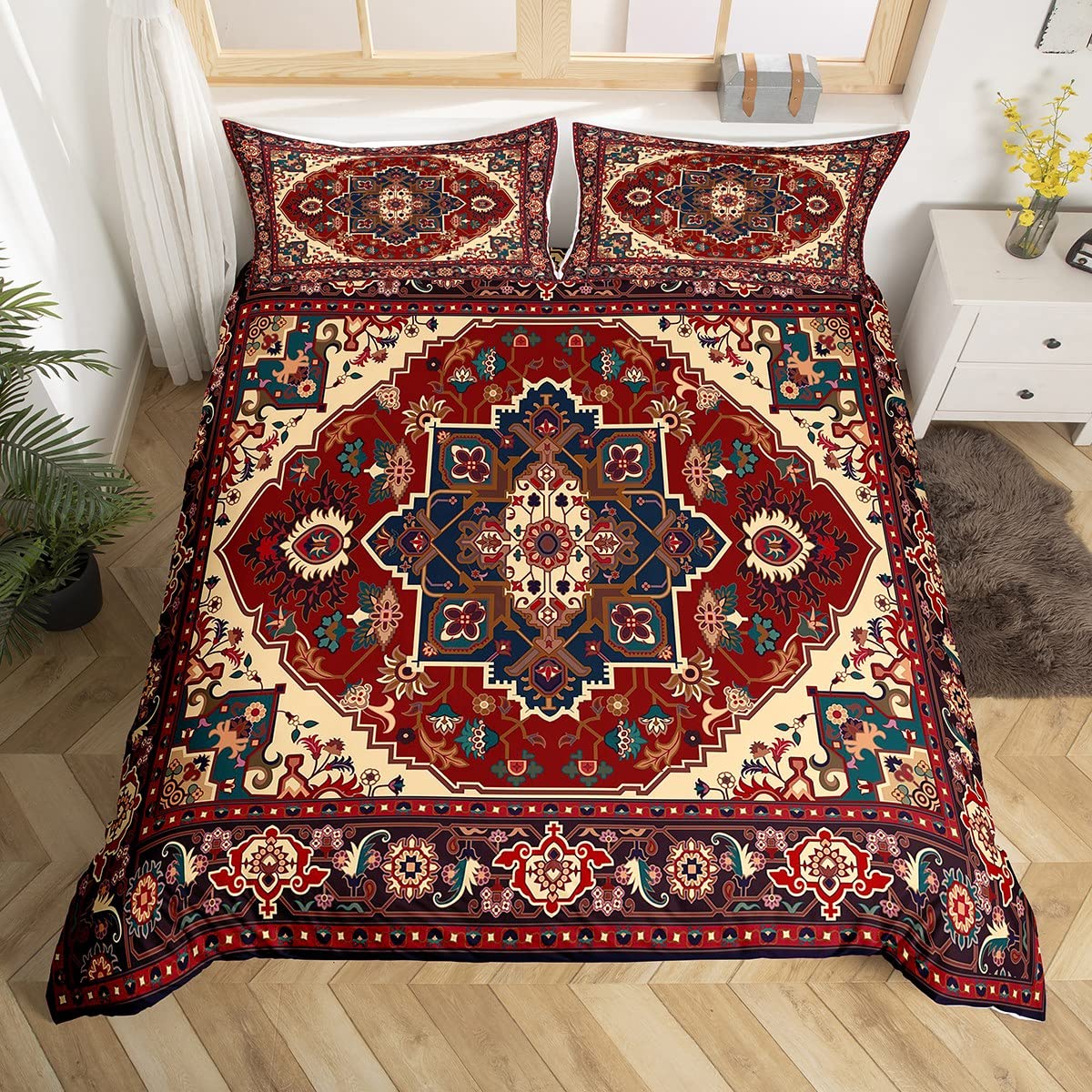Homewish Bed Set Scarlet Oriental Medallion Duvet Cover Hippie Man Ala Bedding Set Single Traditional Vintage Comforter Cover Tribal Bohemian Bed Cover With 1 Pillow Sham No Comforter
