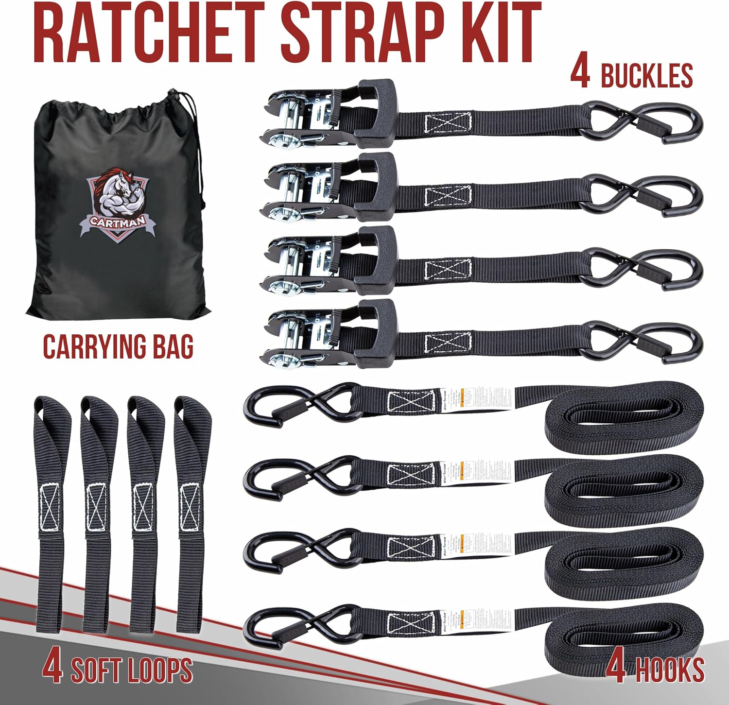 4-Pack 1" x 15ft Ratchet Straps with S Hooks, 1800 lbs Break Strength, Heavy Duty Tie Down Straps for Truck, Motorcycle, Cargo, 4PK Loops, Black - Image 5