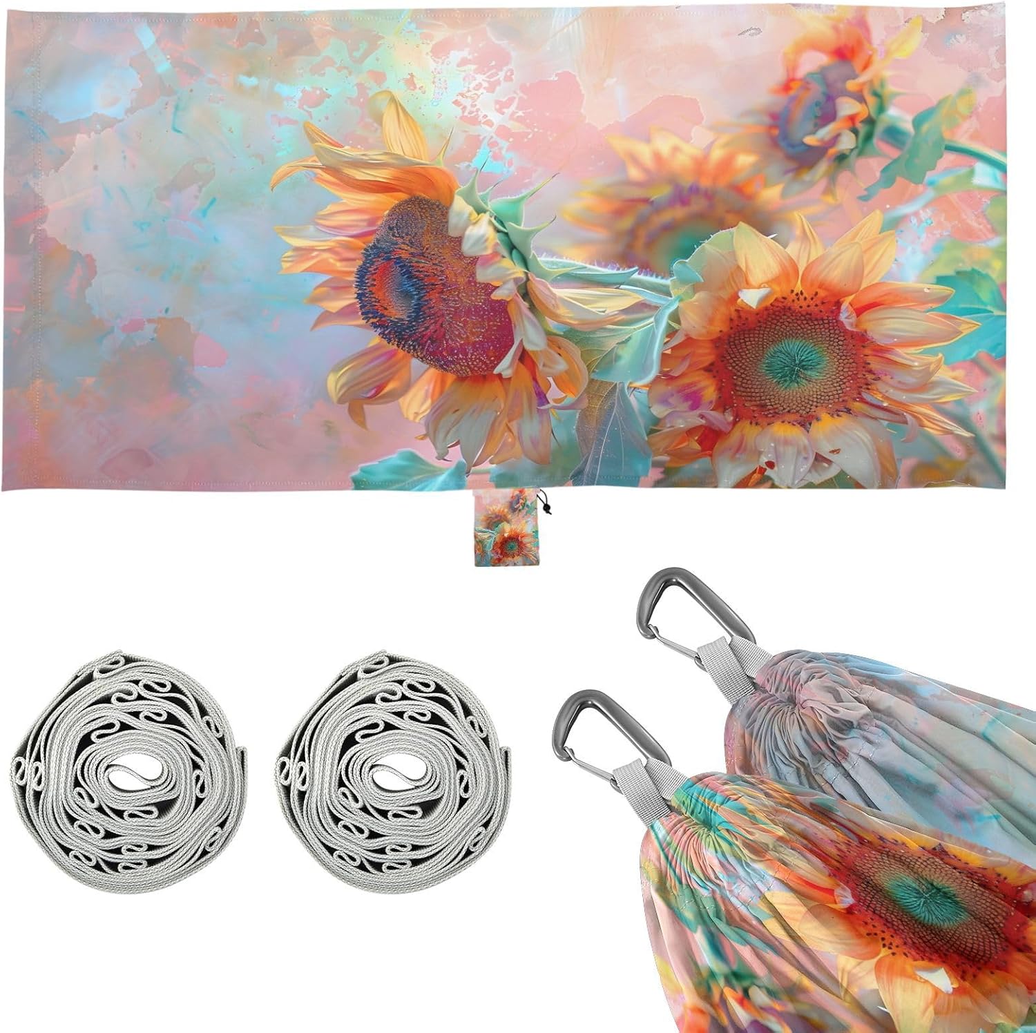 ALAZA Sunflower Bouquet Camping Hammocks Single or 2 Person 500 lbs Portable Parachute Travel Hammock w/Tree Straps for Hiking Backpacking Indoor Outdoor