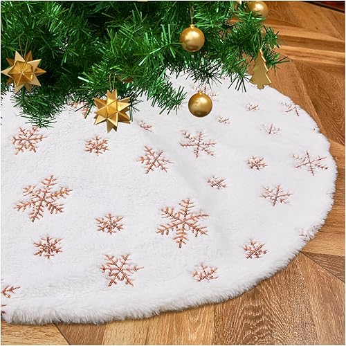 Falda de árbol de copos de nieve de oro rosa de 24 pulgadas, faldas de árbol de piel sintética blanca, mini faldas de árbol de Navidad, tapete de