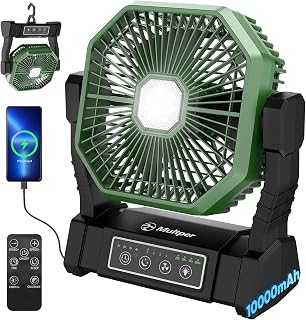 Camping Ventilator mit Akku, Leiser Zelt Ventilator mit LED Licht & Haken, 8-30 Std. Laufzeit, Tragbarer Ventilator mit Powerbank, Timer & Fernbedienung 10000mAh, Ideal für Camping, Outdoor, Wohnmobil