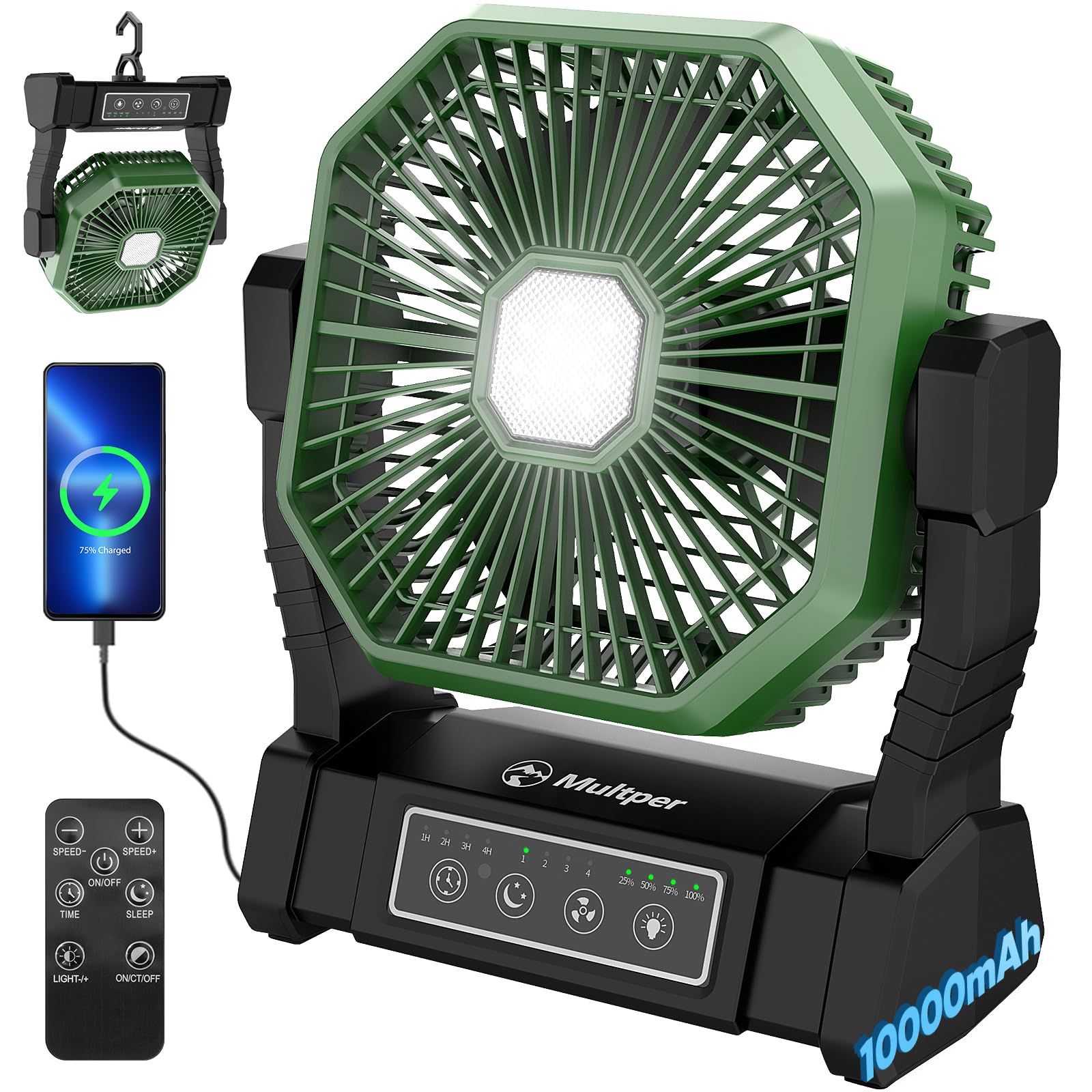 Camping Ventilator mit Akku, Leiser Zelt Ventilator mit LED Licht & Haken, 8-30 Std. Laufzeit, Tragbarer Ventilator mit Powerbank, Timer & Fernbedienung 10000mAh, Ideal für Camping, Outdoor, Wohnmobil