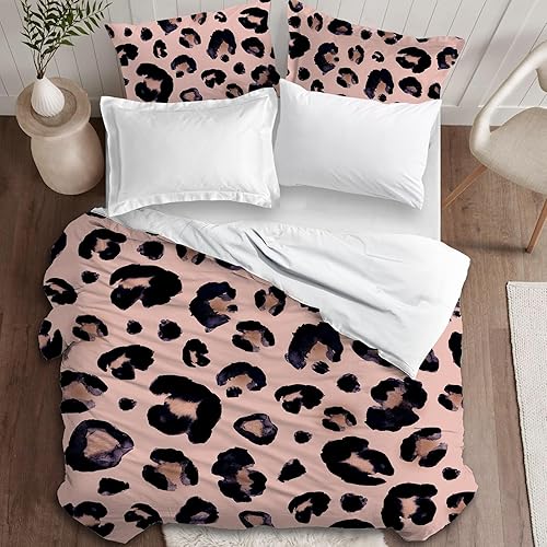 Bedsure - Funda de edredón tamaño Queen - Funda de edredón suave y transpirable con estampado de leopardo, juego de ropa de cama de 3 piezas con