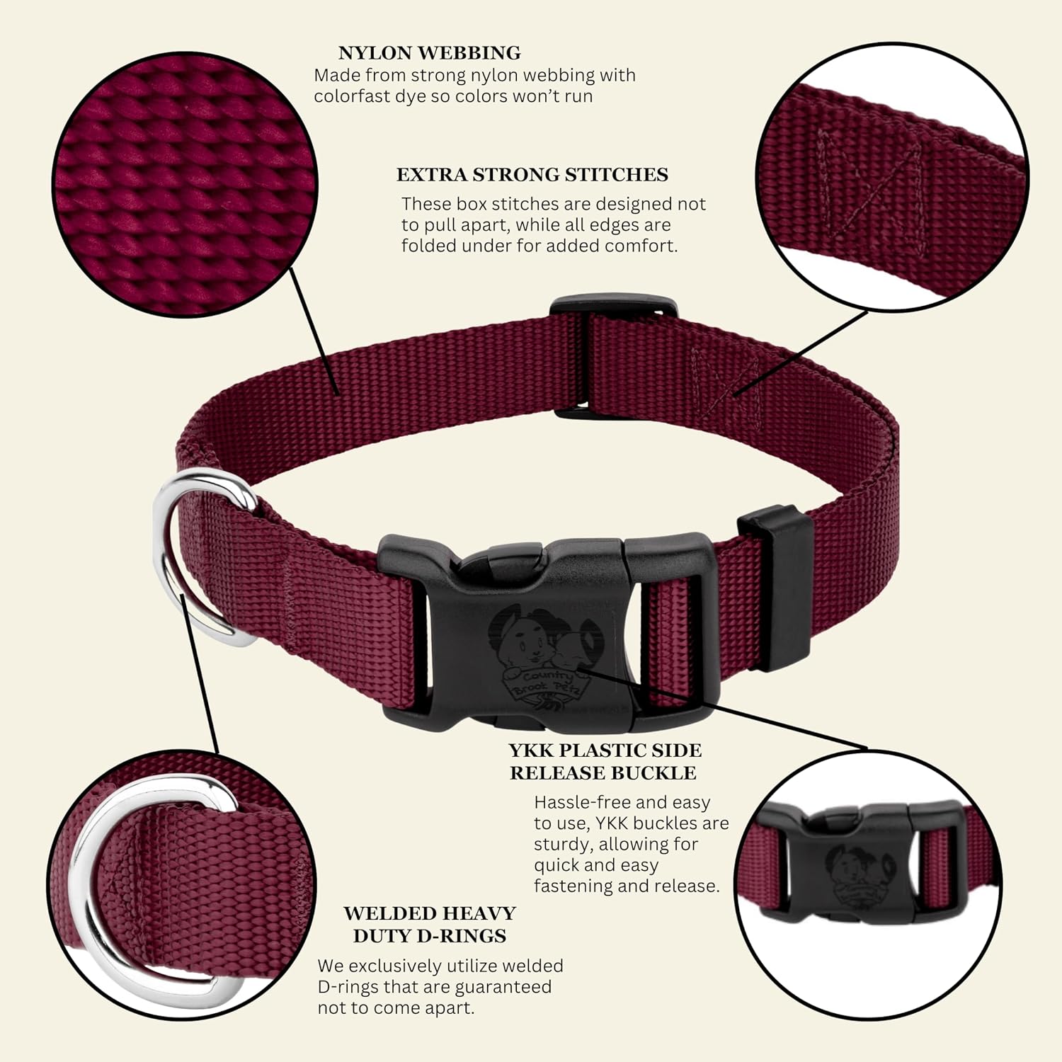 Country Brook Petz - Everyday Nylon Dog Collar for Large, Medium, and Small Dogs and Puppies - for Everyday Use in 30+ Colors (Medium, 3/4 Inch Wide, Burgundy)