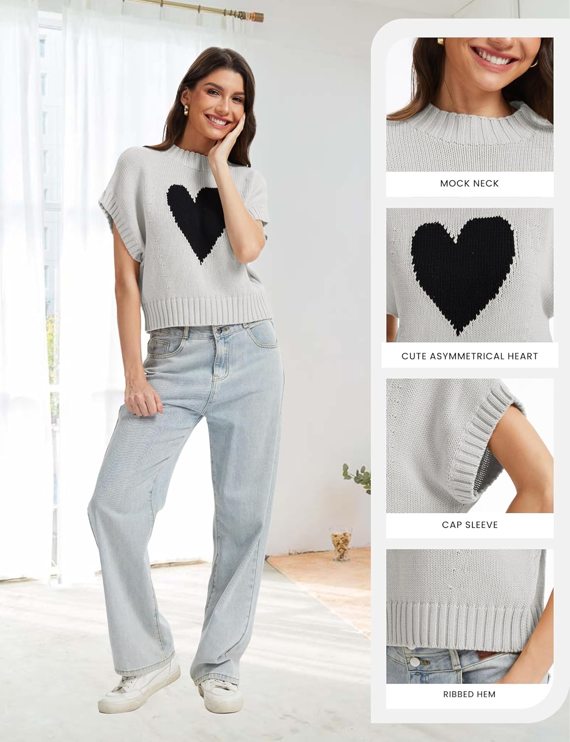 Womens Sweater Vest Mock Neck Cap Sleeve Sweater Tank Tops Cute Heart Knit Cropped Pullover Top - Image 4