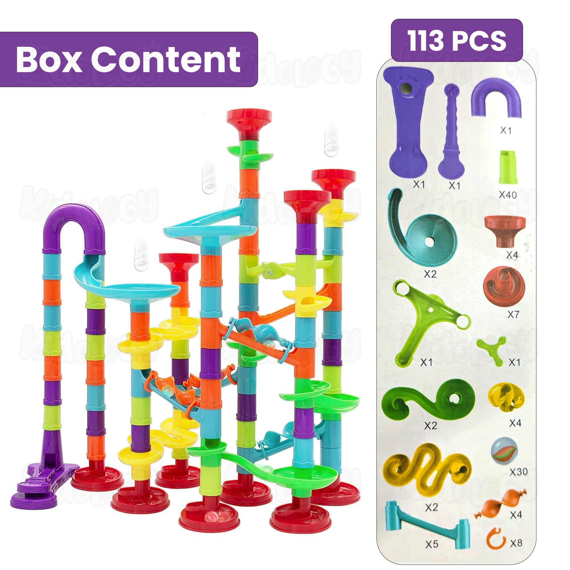 Kidology 3D Marble Run DIY Construction Building Blocks Toys for Kids Marble Race Track Play Set Assemble Tower Toy STEM Educational Toys Gift for Kids (Marble Run Track, 113 PCs)