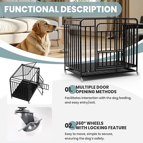 Miniatura 8 de Jaula resistente de 42 pulgadas para perros extragrandes, de acero a prueba de escapes, con ruedas bloqueables y puertas dobles, jaula XXL