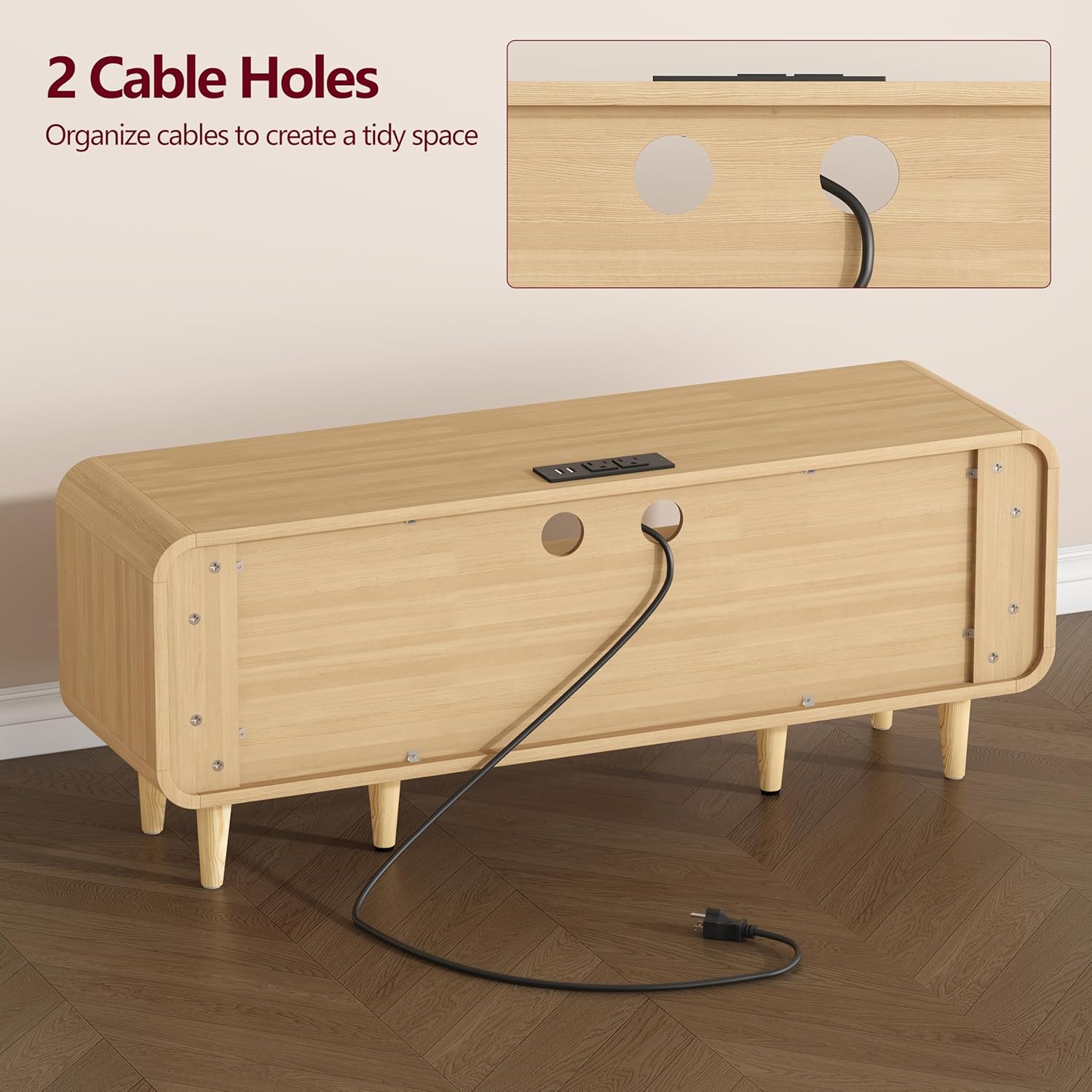 Rattan TV Stand for TVs Up to 60", Entertainment Center with Charging Station, Adjustable Shelf & 2 Cabinet, Cord Hole, Boho TV Console, Modern Media Console for Living Room & Bedroom Natural - Image 8