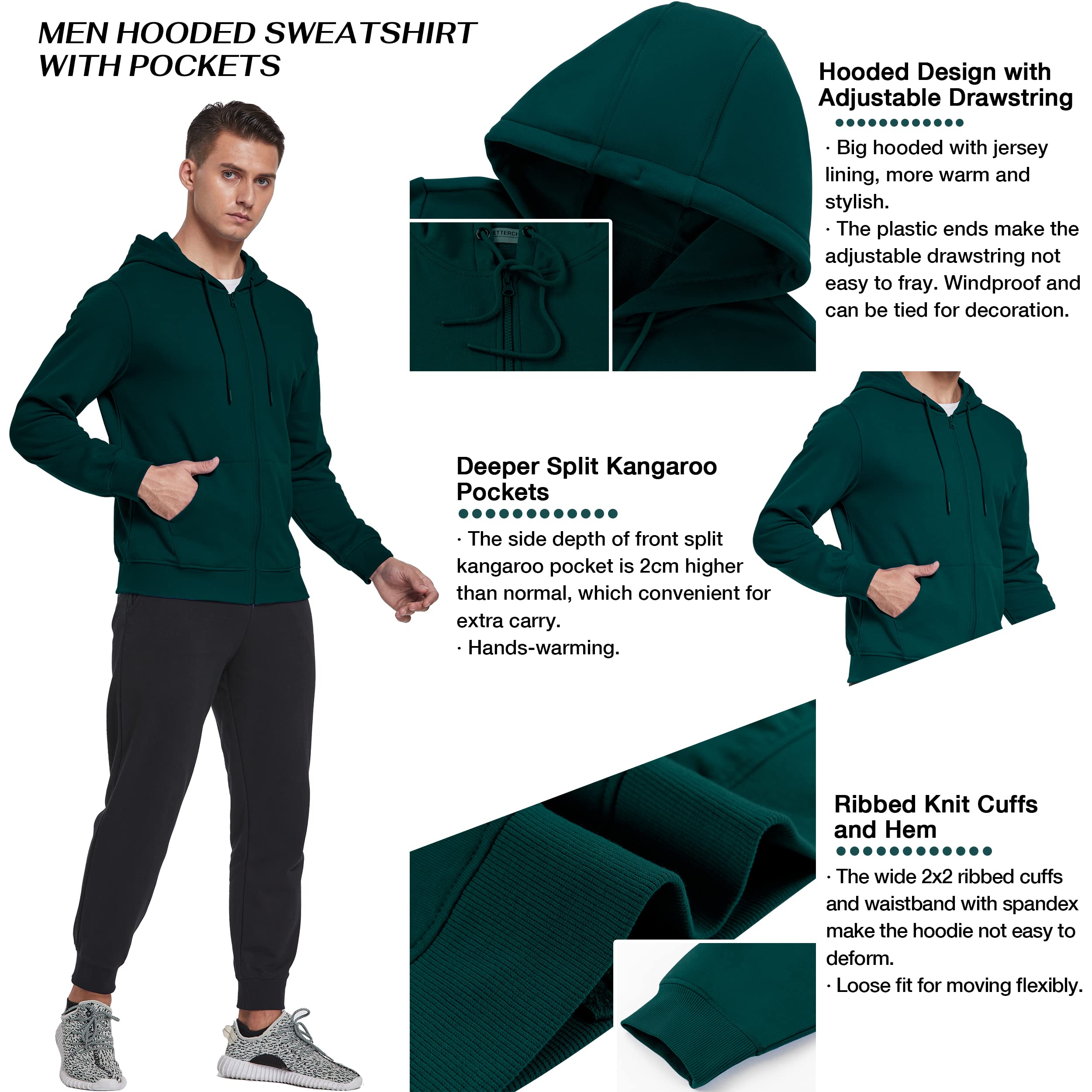 BETTERCHIC Męska bluza z kapturem sportowa miękka szczotkowana bluza polarowa z kapturem sznurek na zamek błyskawiczny bluza z kapturem rozmiar S-3XL, ZIELONY, XL