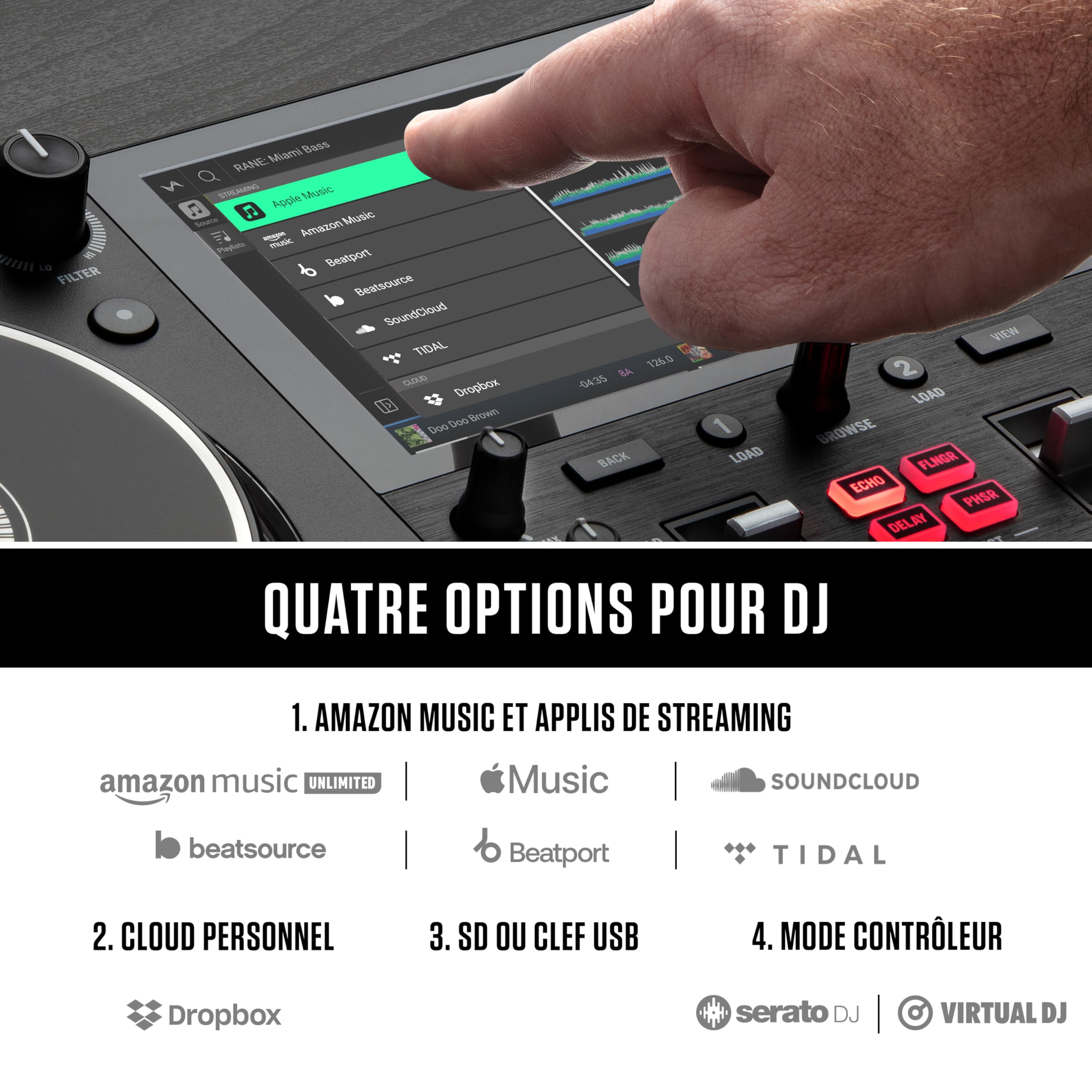 Numark Mixstream Pro+ contrôleur DJ avec séparation Stems, 2 platines, Wi-Fi, mixeur, écran tactile 7", haut-parleurs, compatible Serato et Virtual DJ