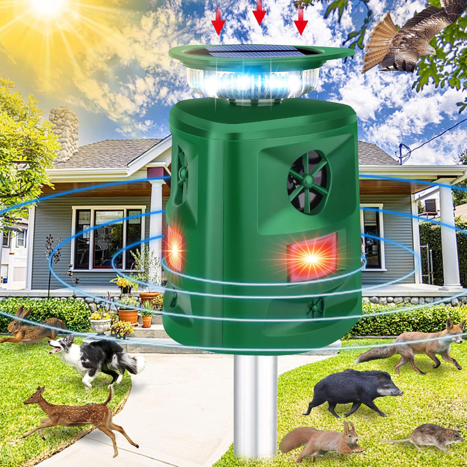 Solar Animal Repeller,360° Ultrasonic Pest Repeller Outdoor