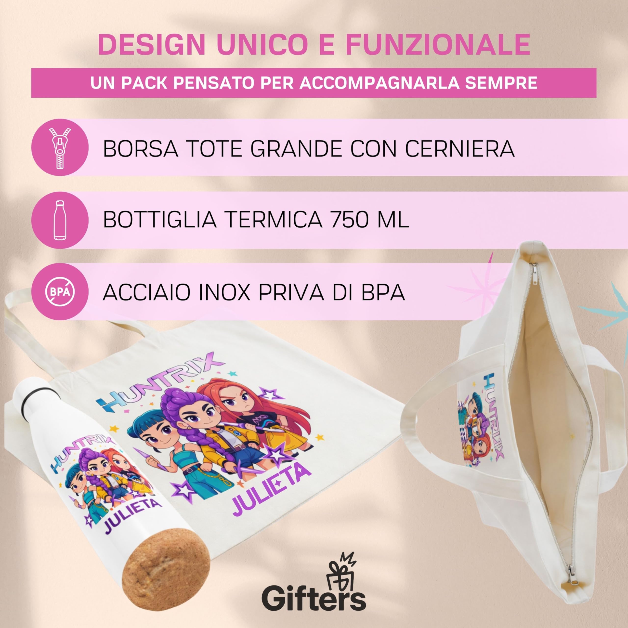 Gifters| Borsa Personalizzata con Nome e Bottiglia in Acciaio Inox 750ml| Design Personaggi Stile Kpop| Tote Bag Cerniera| Confezione Regalo Originale per Ragazza, Compleanno, Natale, Prima Comunione