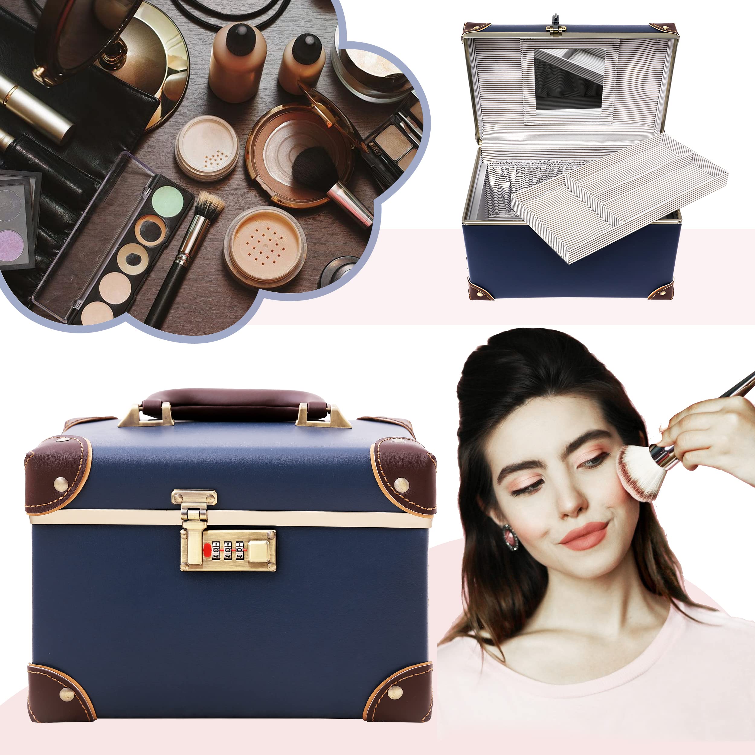 urecity Vintage Leder Kosmetikkoffer mit Spiegel - Hartschale Schminkkoffer für Damen, Reise Make-up Case mit Zahlenschloss & Großer Stauraum (Retro Design) (Blau, Medium)