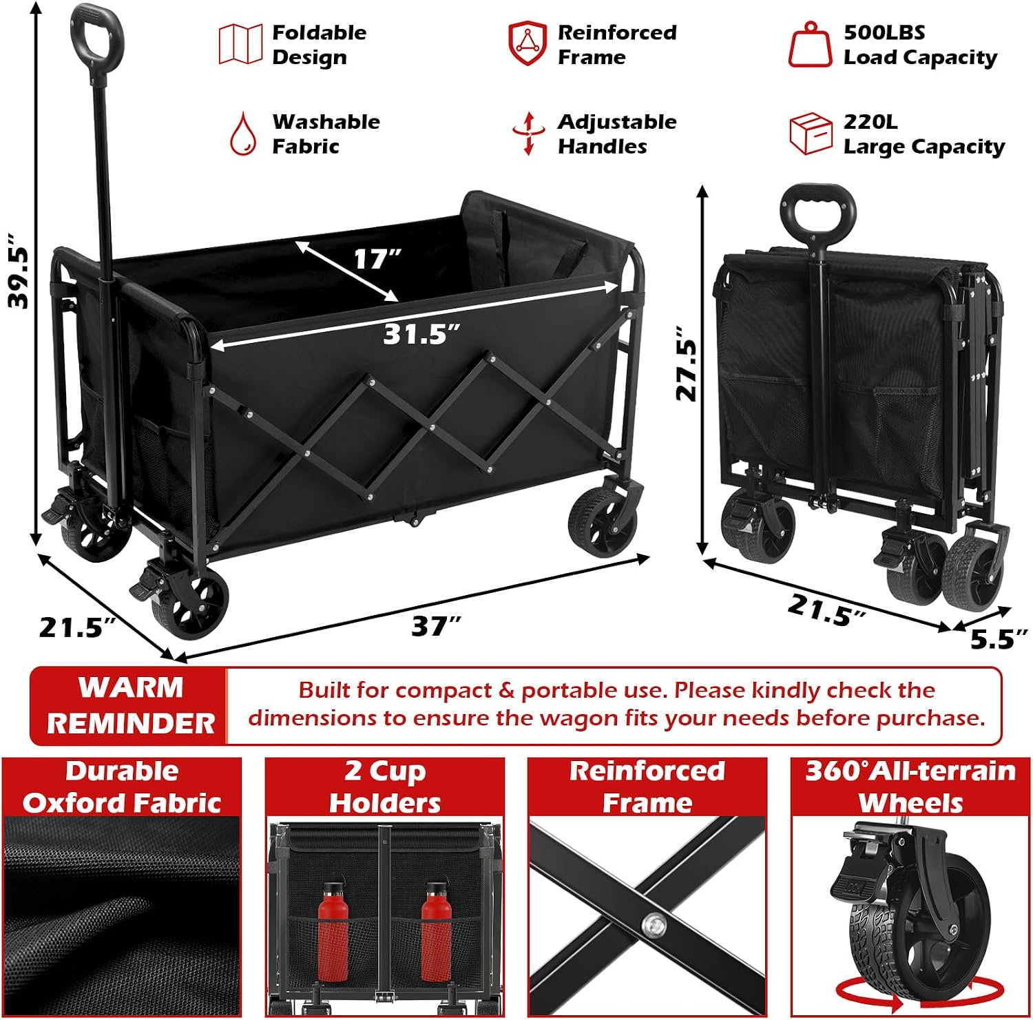 Condition photo showing New/Like New for collapsible wagons carts foldable wagon, 500lbs wagon cart foldable heavy duty with brakes & all-terrain wheels, large collapsible folding wagons for beach camp sports grocery, portable (black) black-500lbs