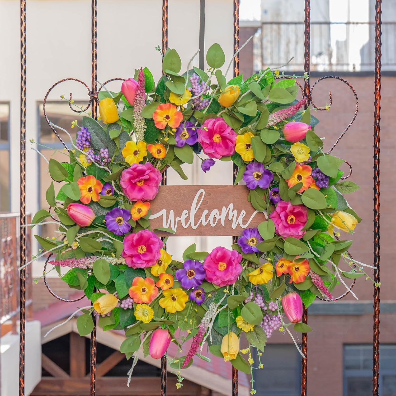 Spring Wreaths for Front Door Outside – 24 Inch Artificial Tulip & Wildflower Summer Wreath with Green Eucalyptus Leaves and Welcome Sign- Indoor Outdoor Farmhouse Home Porch Wall Decor
