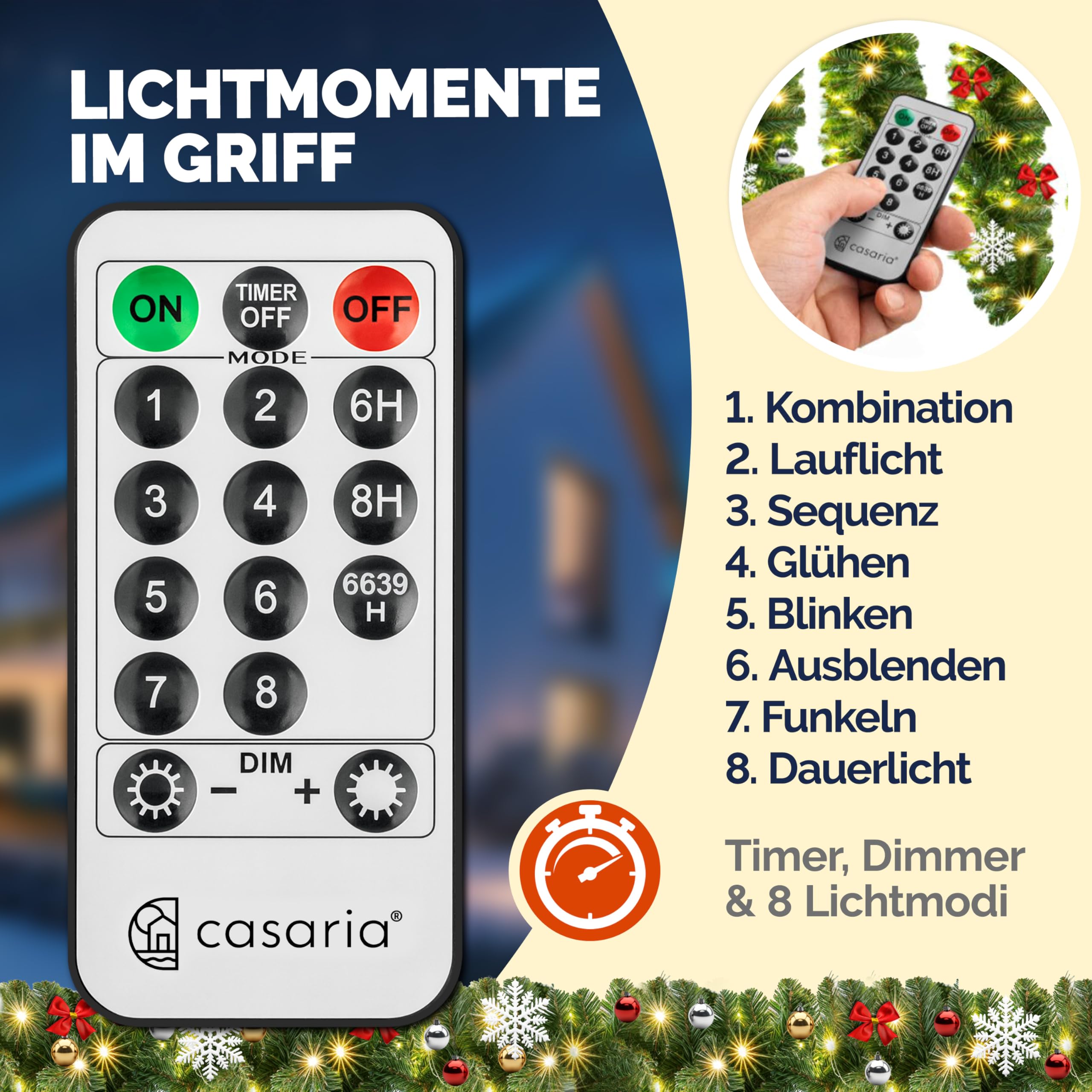 CASARIA Weihnachtsgirlande Beleuchtet Deko Fernbedienung 5m 80 LED Timer Dimmbar 8 Leuchtmodi Außen Weihnachtsdeko Weihnachten Girlande Tannengirlande