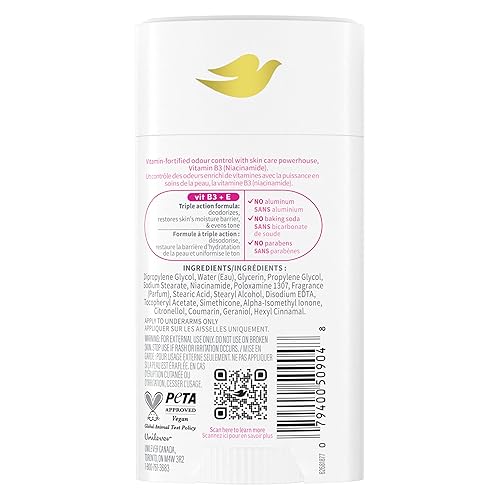 Miniatura 2 de Dove VitaminCare+ Desodorante en barra libre de aluminio frambuesa y rosa para protección de olores 72H Desodorante transpirable para mujeres 2.6